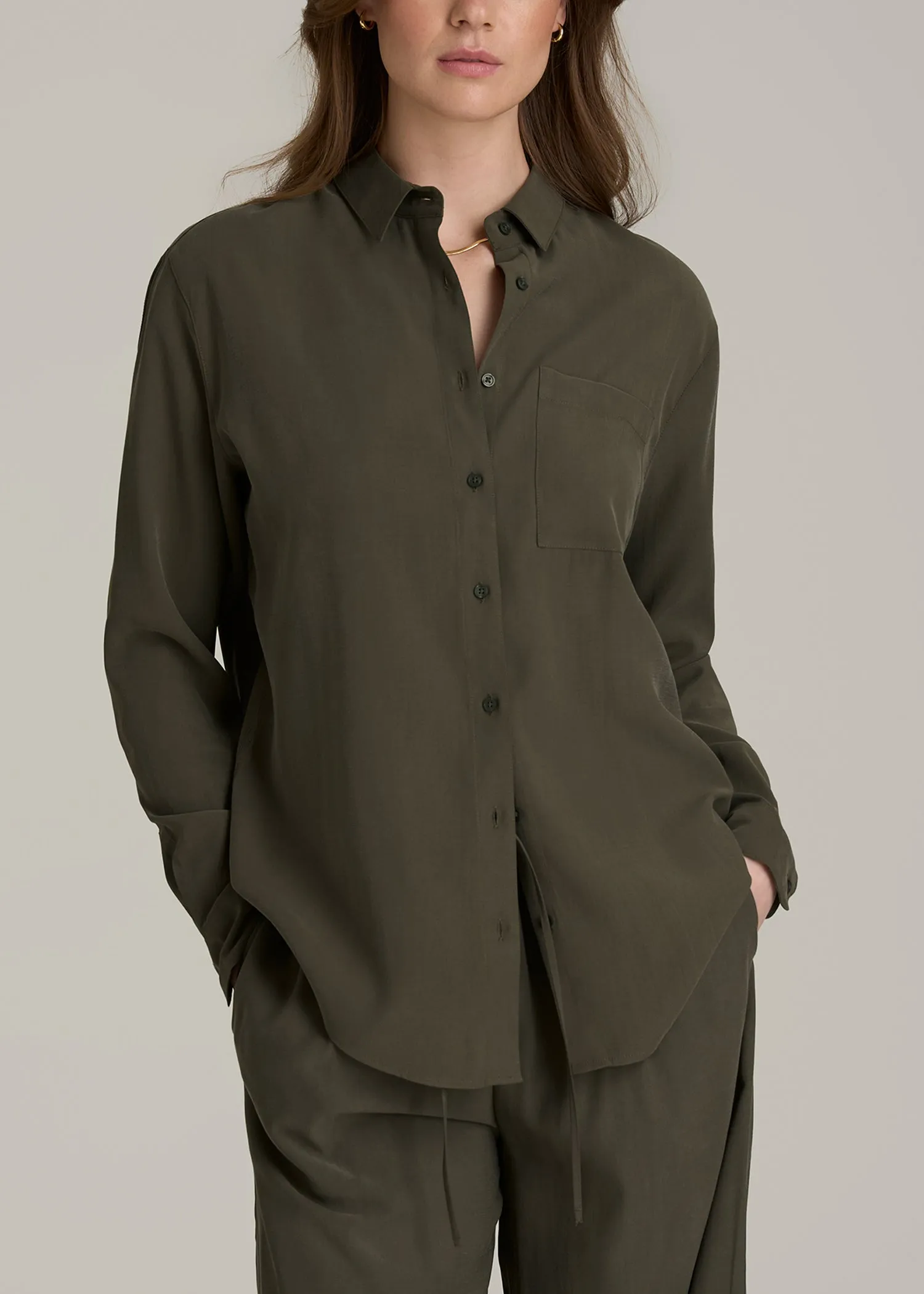 Relaxed Button-Up Single-Pocket Blouse for Tall Women in Forest Night sold by American Tall