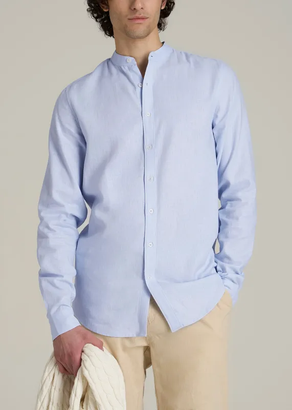 Band Collar Linen Button Shirt for Tall Men in Airy Blue sold by American Tall