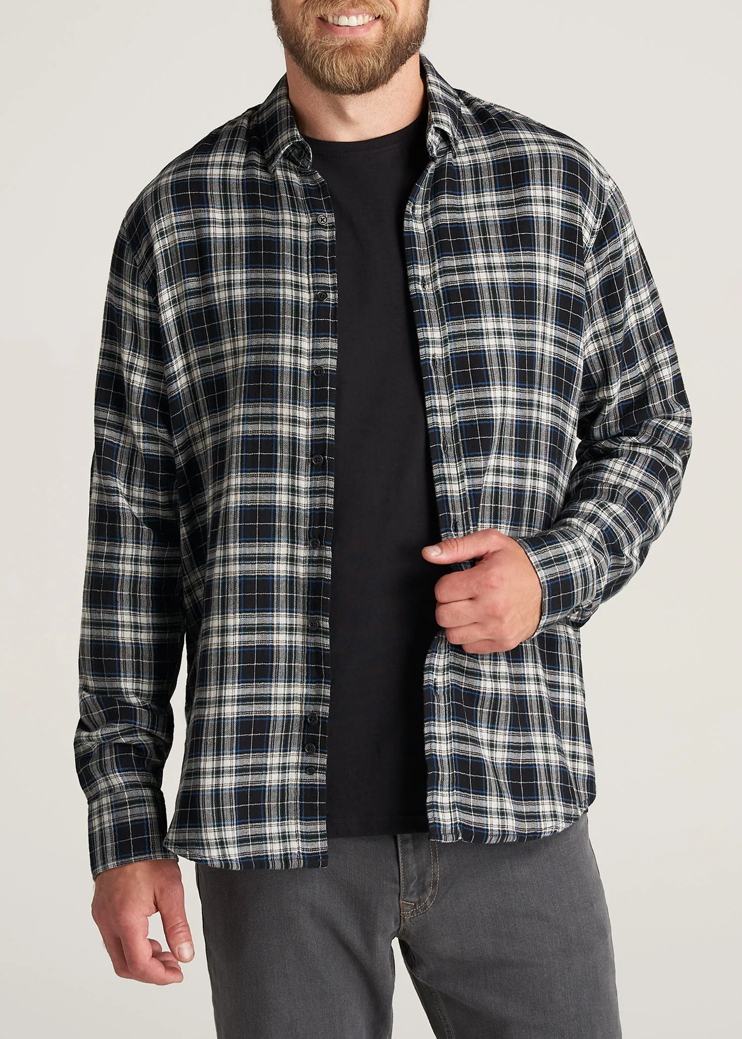 Double-Weave Button-Up Shirt for Tall Men in Black & Natural sold by American Tall