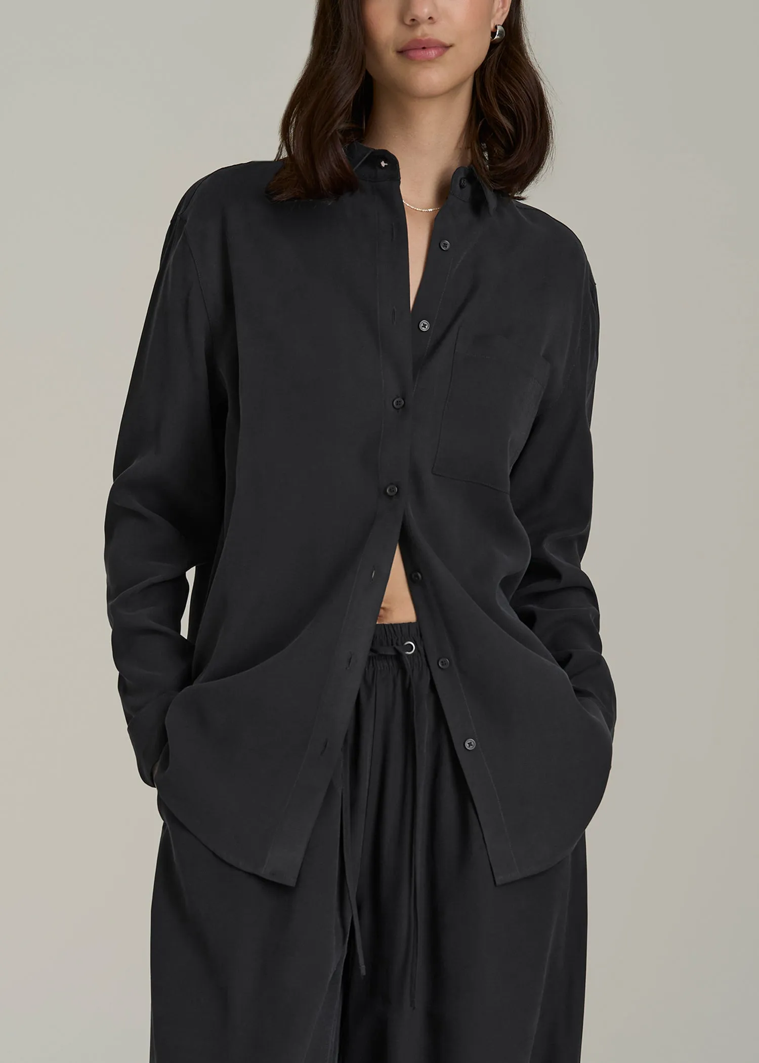 Relaxed Button-Up Single-Pocket Blouse for Tall Women in Vintage Black sold by American Tall