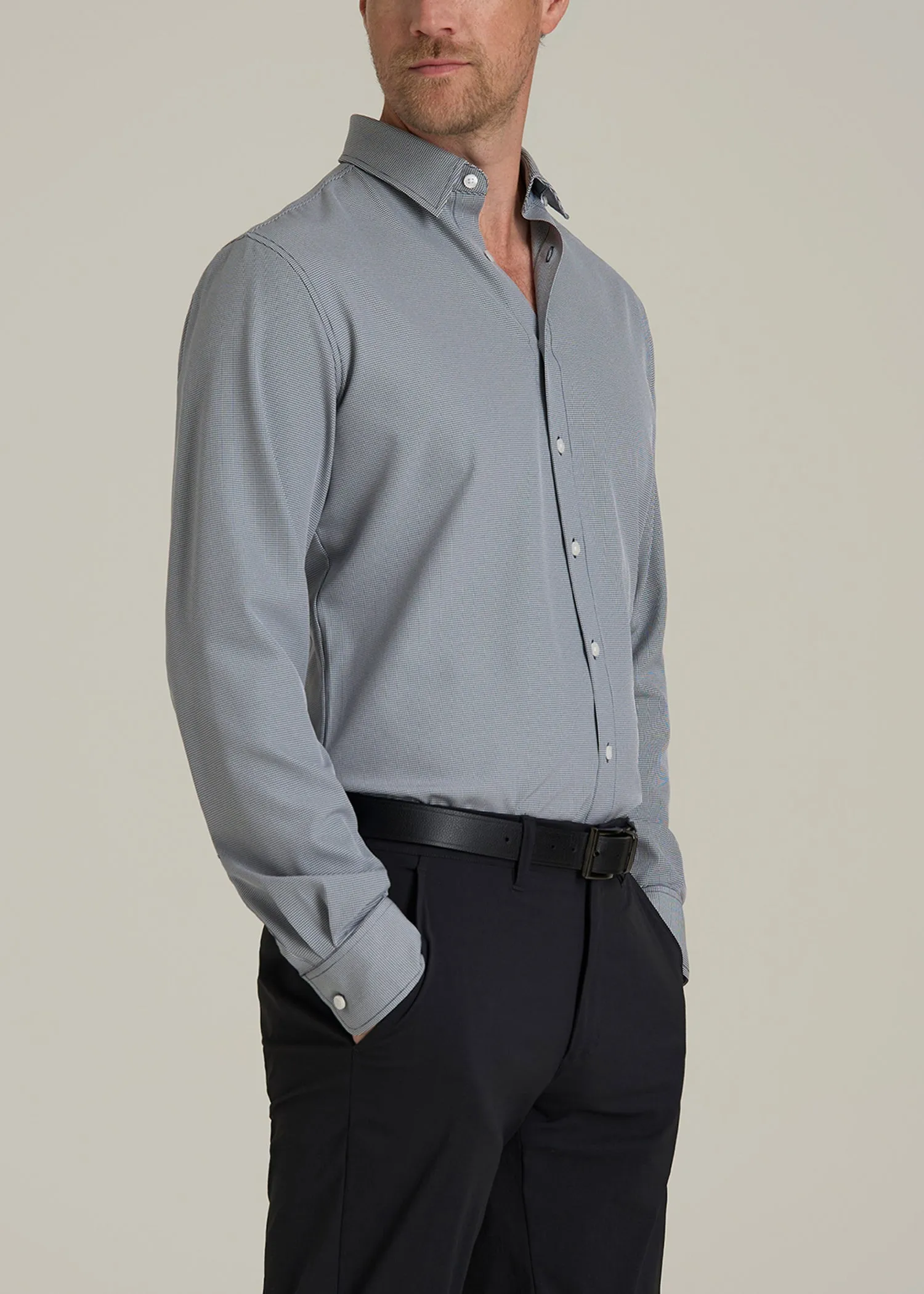 Traveler Stretch Dress Shirt for Tall Men in Navy and White Houndstooth sold by American Tall product image thumbnail 3