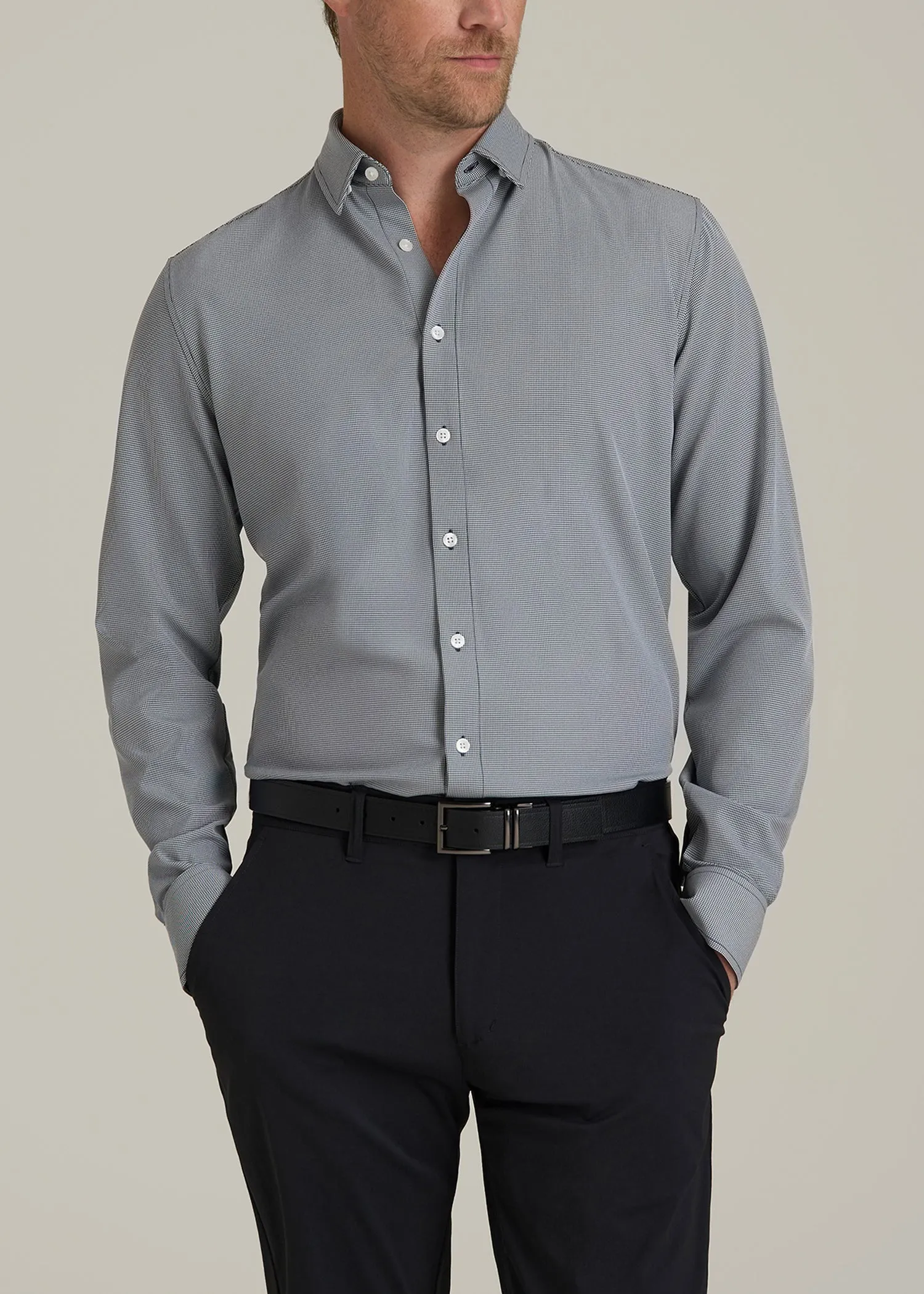 Traveler Stretch Dress Shirt for Tall Men in Navy and White Houndstooth sold by American Tall