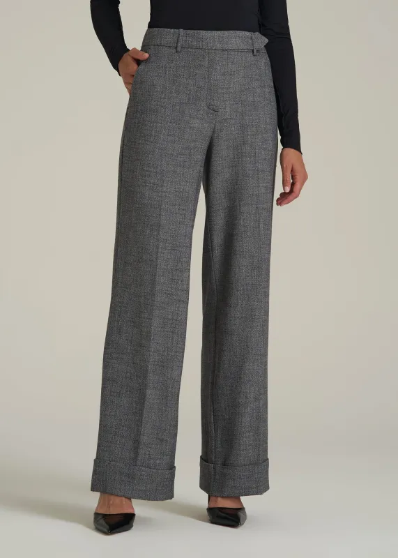 Wide-Leg Cuffed Pants for Tall Women in Black and Grey Tweed sold by American Tall