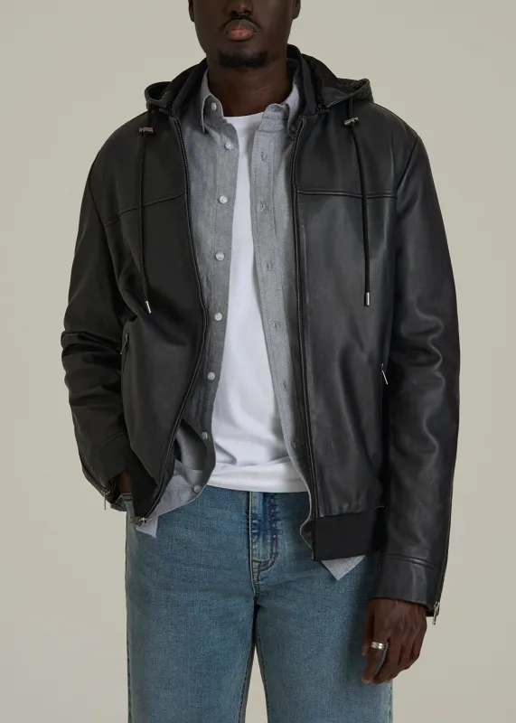 Genuine Leather Hooded Bomber for Tall Men in Black sold by American Tall