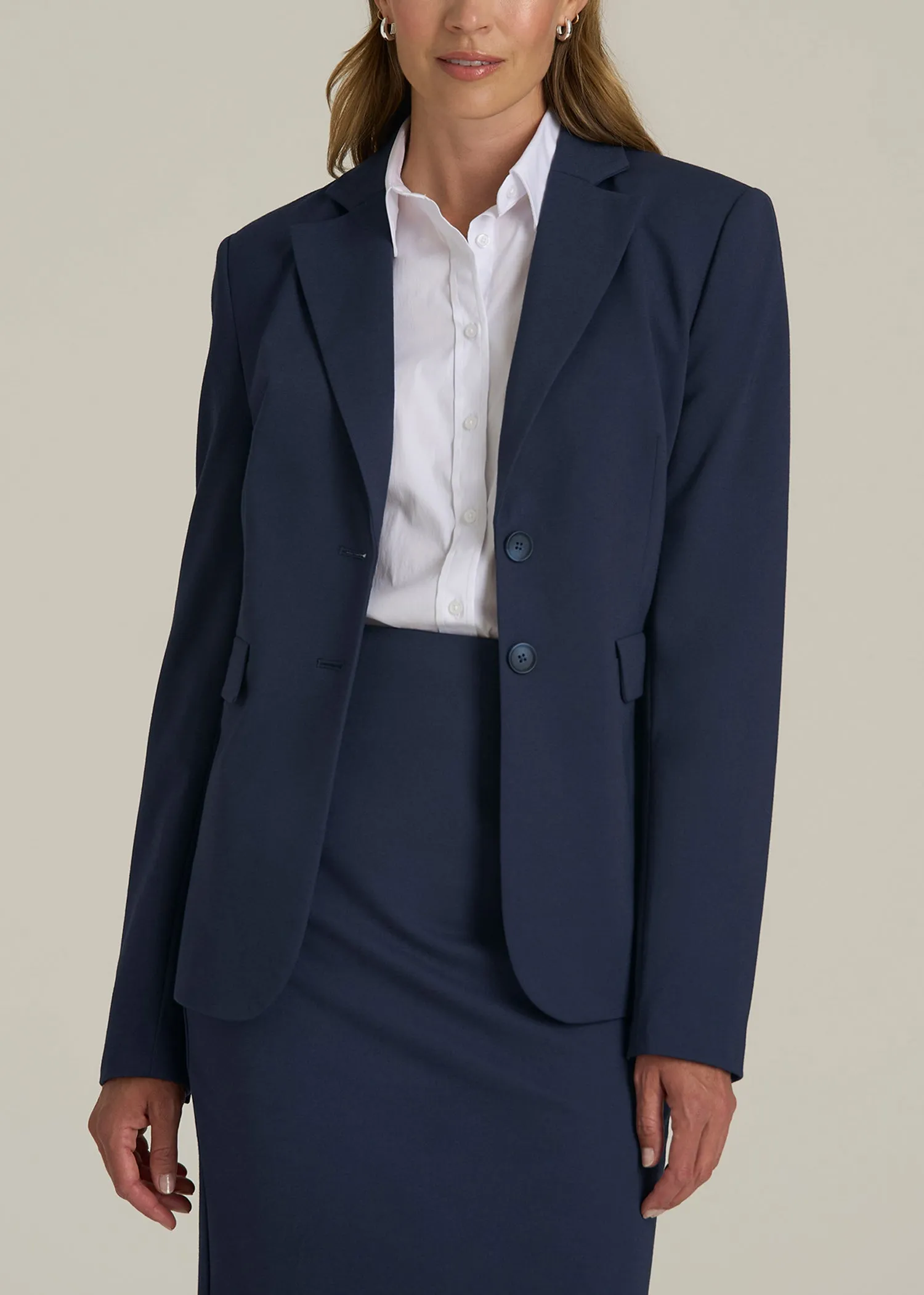 Freedom Flex Two-Button Slim-Fit Blazer for Tall Women in Navy sold by American Tall