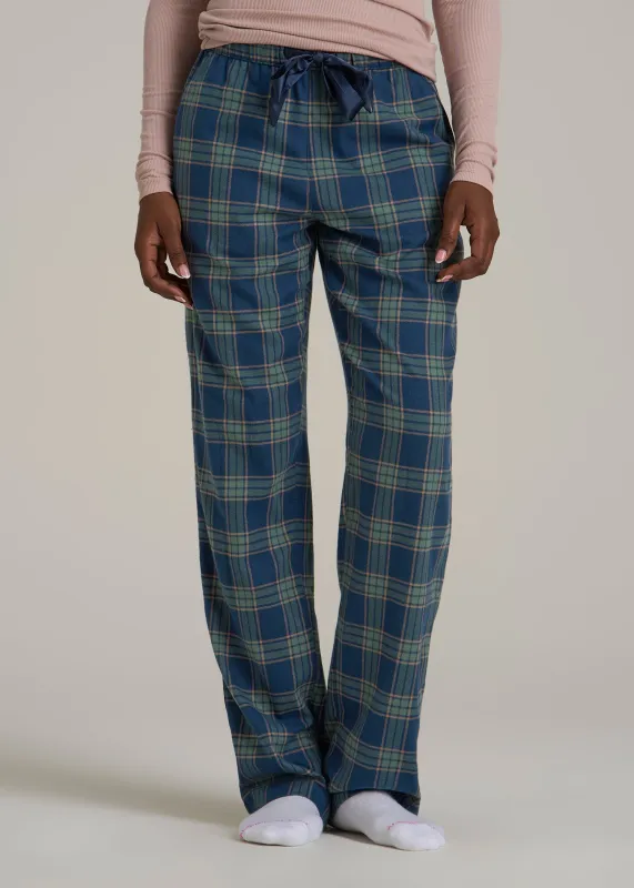 Tie Waist Flannel Pajama Pants for Tall Women in Navy and Balsam Green Plaid sold by American Tall