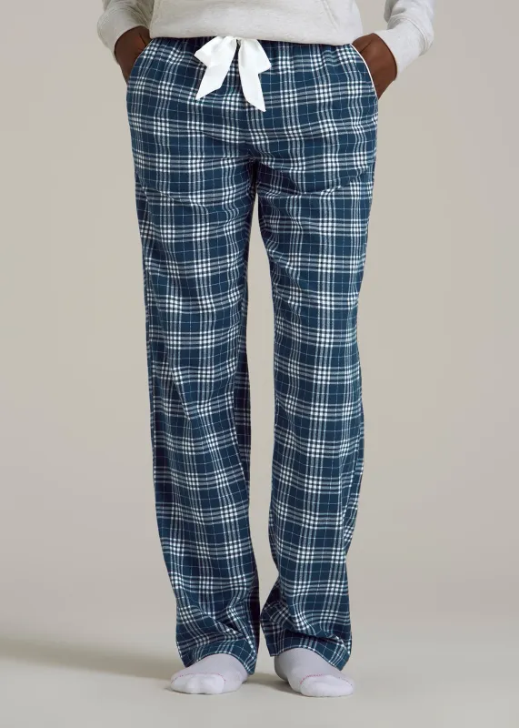 Tie Waist Flannel Pajama Pants for Tall Women in Navy and White Plaid sold by American Tall