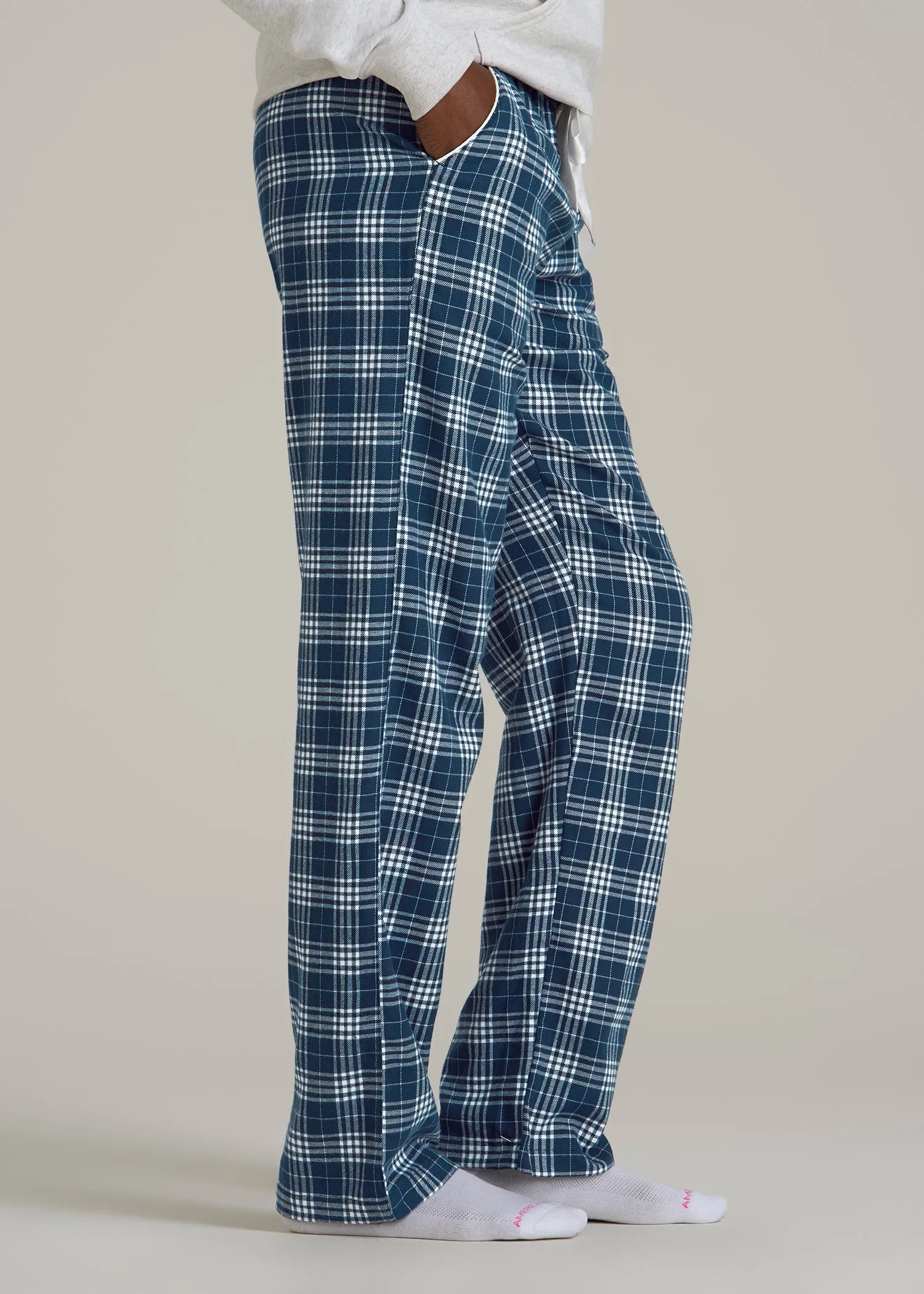 Tie Waist Flannel Pajama Pants for Tall Women in Navy and White Plaid sold by American Tall product image thumbnail 3