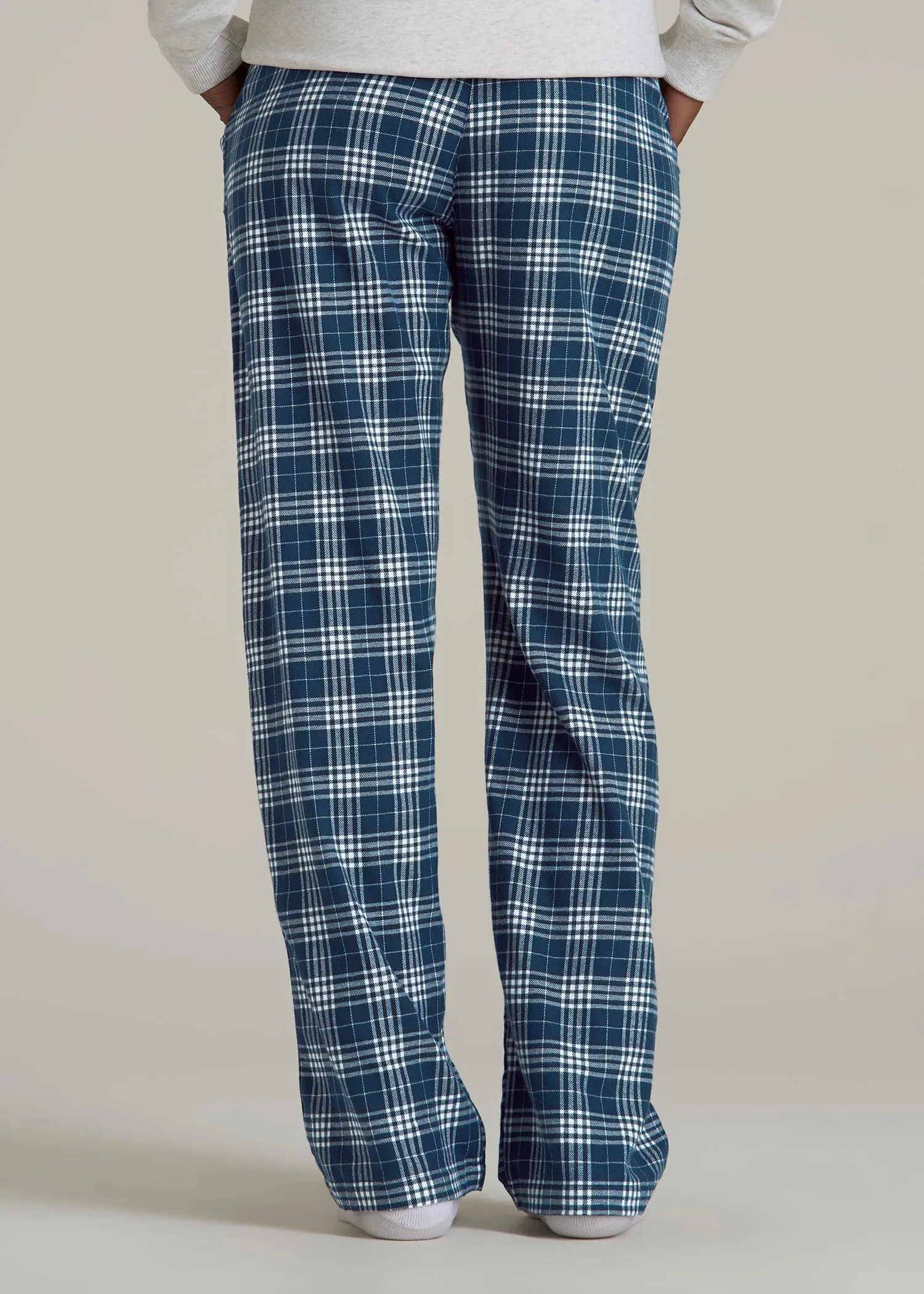 Tie Waist Flannel Pajama Pants for Tall Women in Navy and White Plaid sold by American Tall product image thumbnail 5