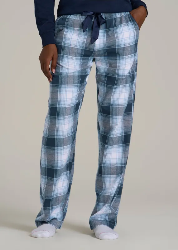 Tie Waist Flannel Pajama Pants for Tall Women in Blue and White Plaid sold by American Tall