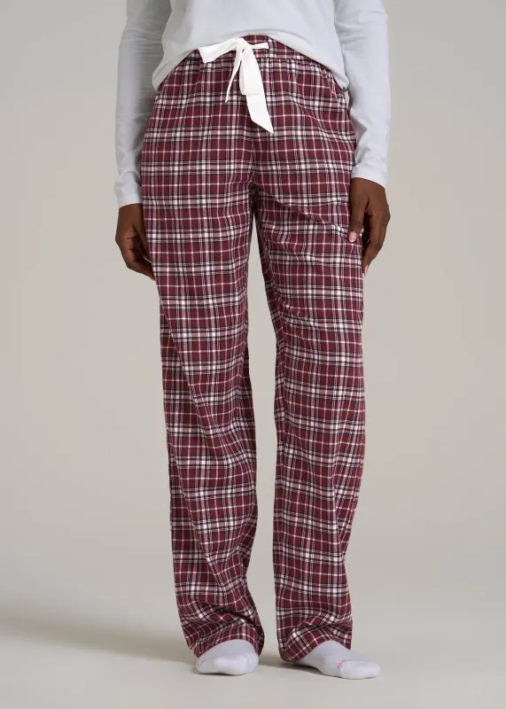Tie Waist Flannel Pajama Pants for Tall Women in Wine and Grey Lilac Plaid sold by American Tall