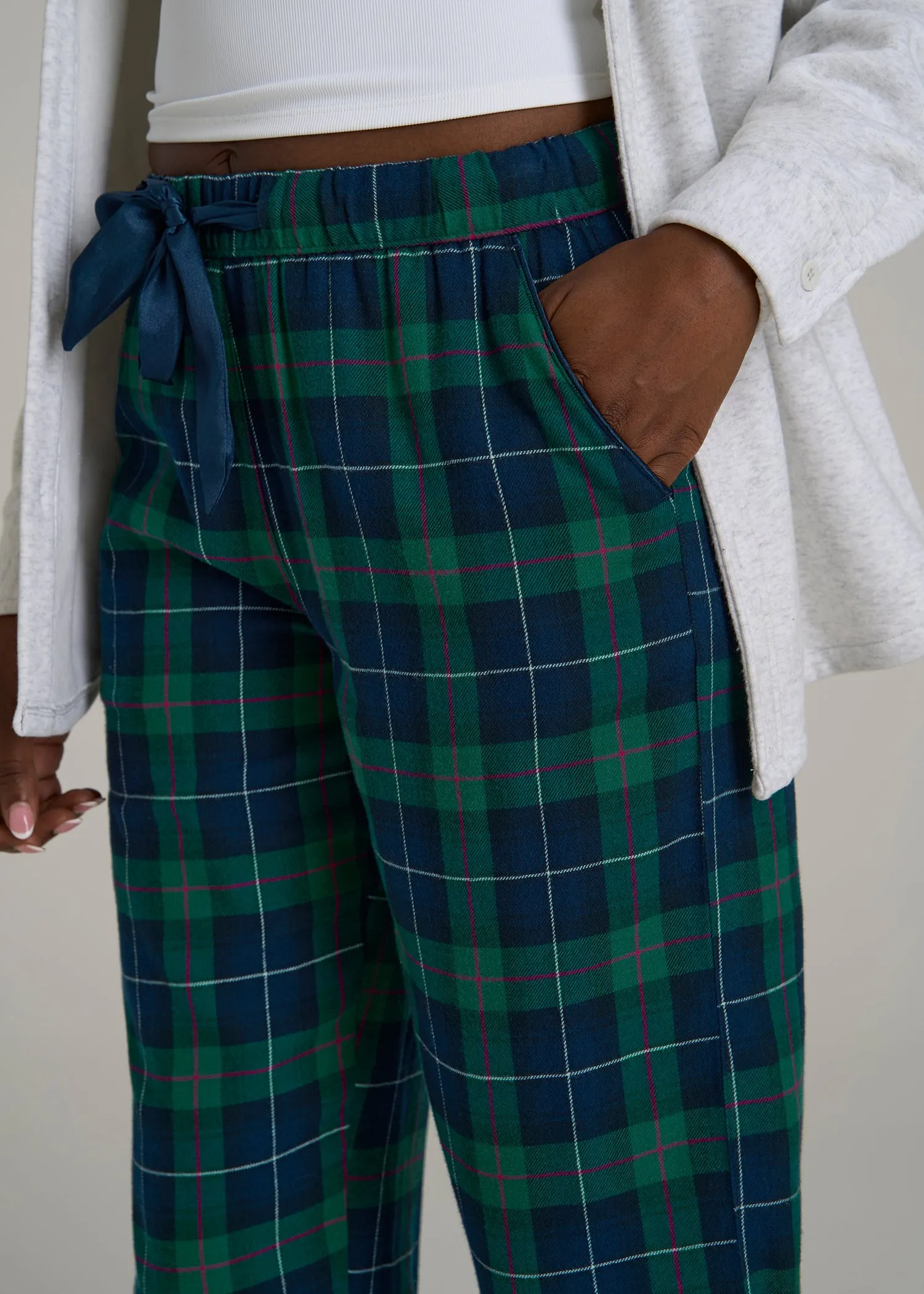 Tie Waist Flannel Pajama Pants for Tall Women in Green and Blue Plaid sold by American Tall product image thumbnail 2
