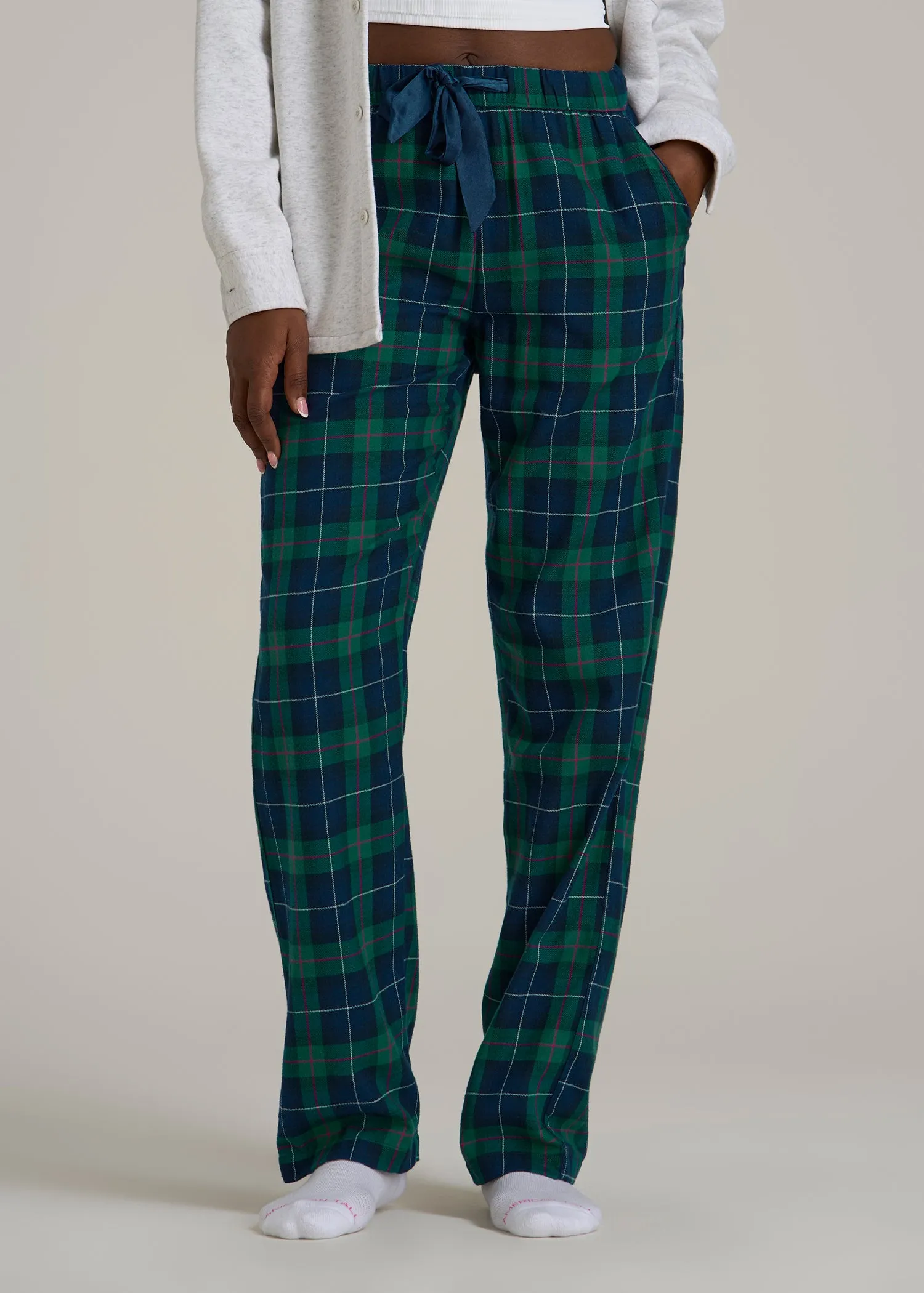Tie Waist Flannel Pajama Pants for Tall Women in Green and Blue Plaid sold by American Tall