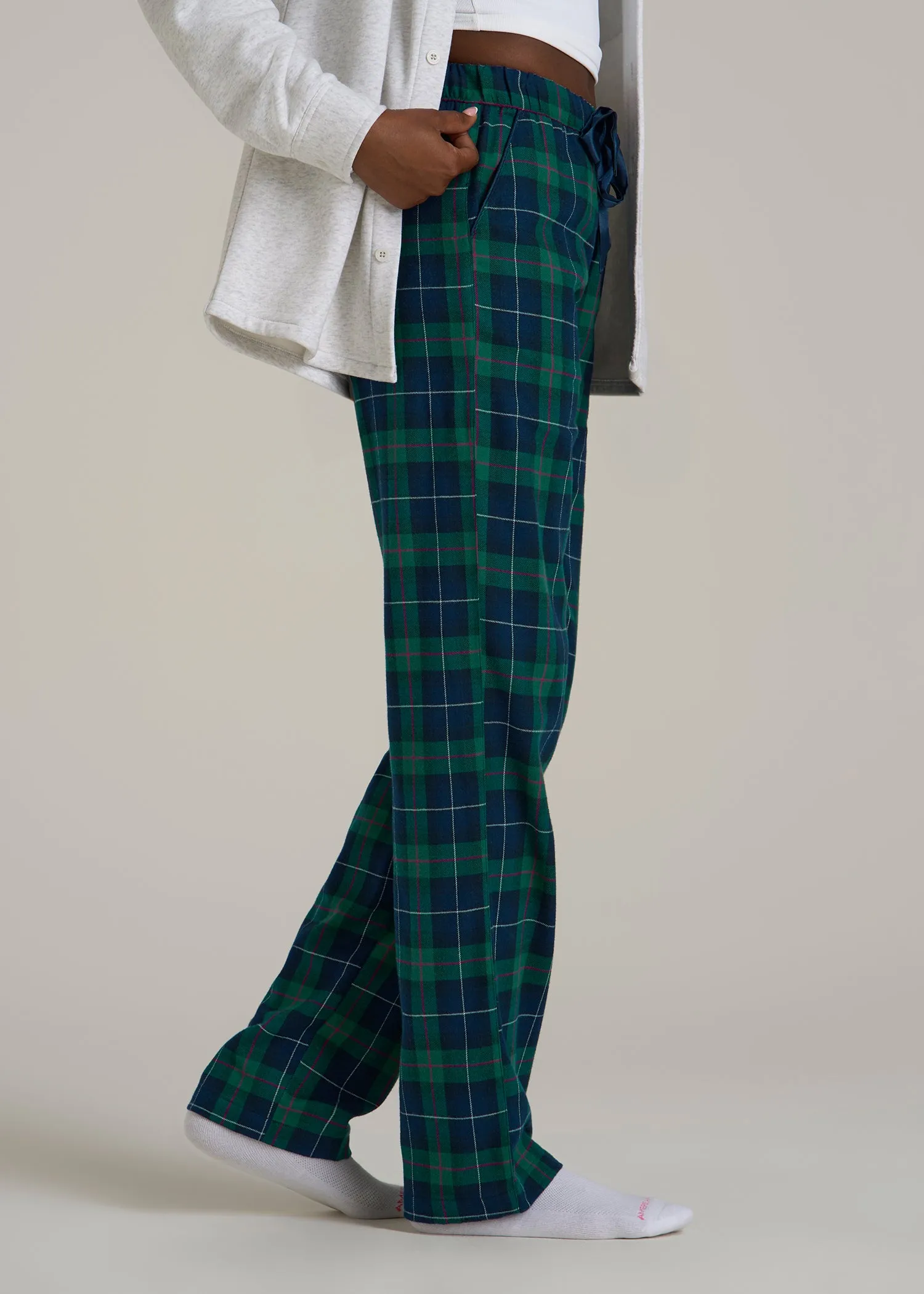 Tie Waist Flannel Pajama Pants for Tall Women in Green and Blue Plaid sold by American Tall product image thumbnail 3