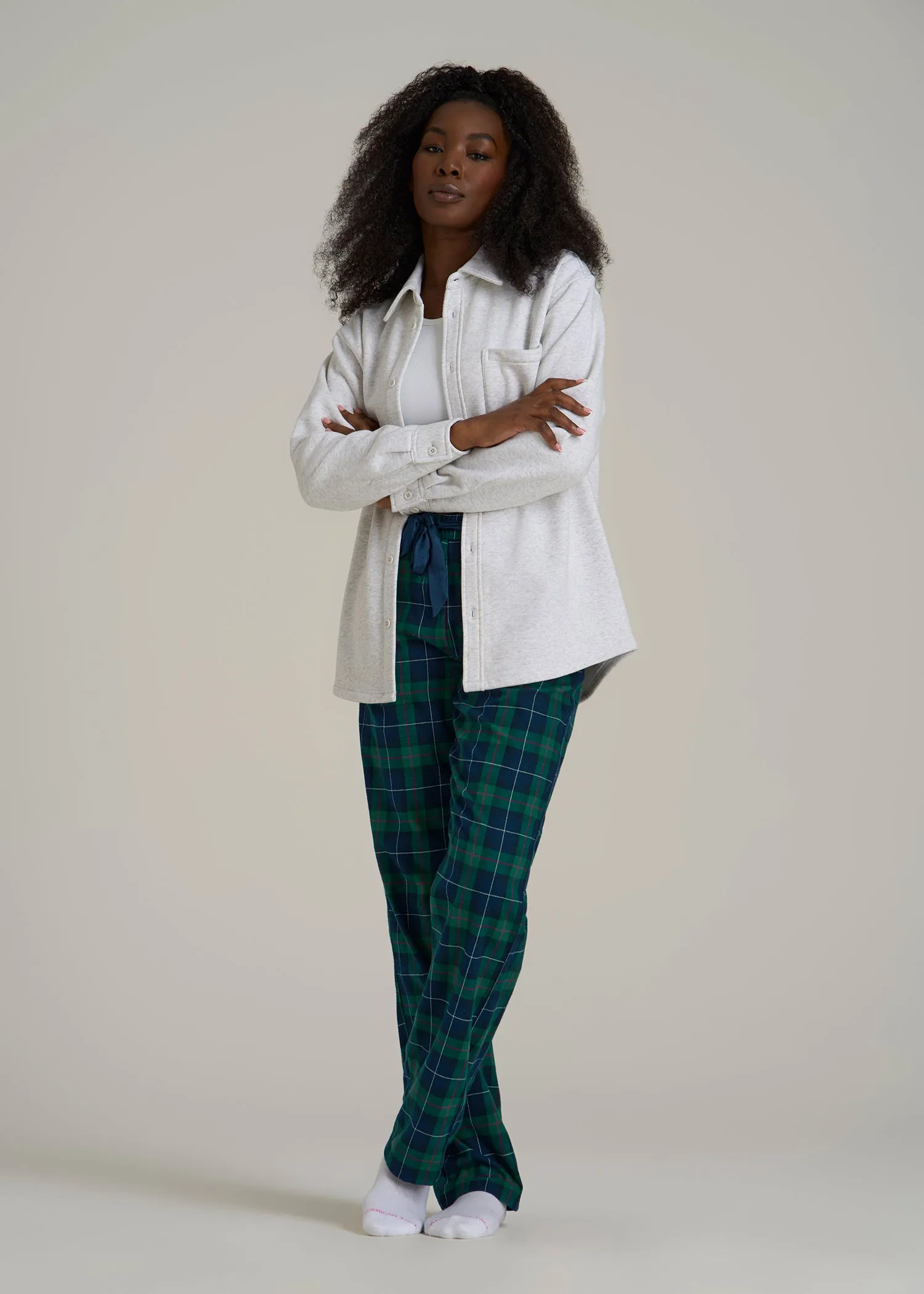 Tie Waist Flannel Pajama Pants for Tall Women in Green and Blue Plaid sold by American Tall product image thumbnail 4