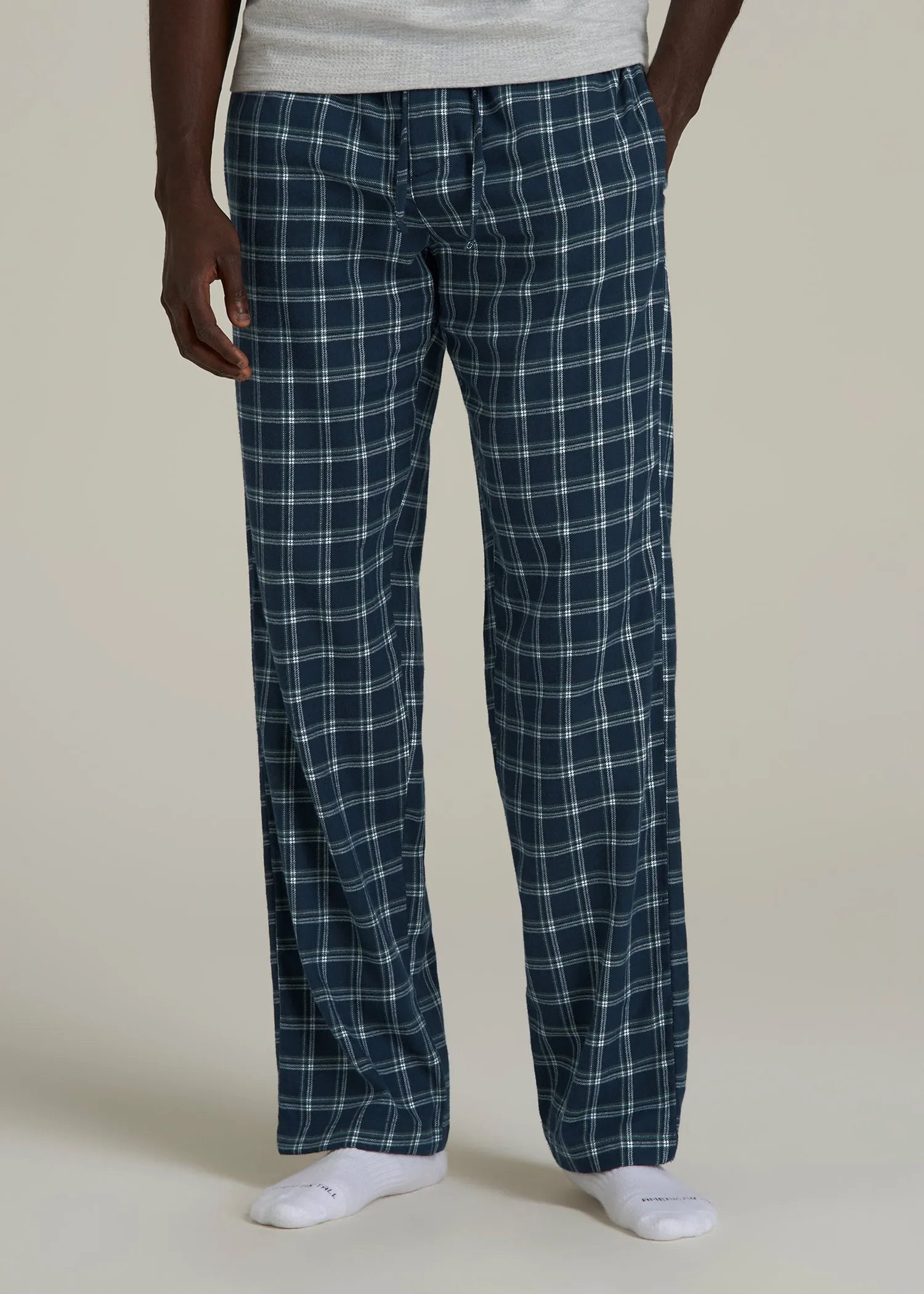 Flannel Pajama Pants for Tall Men in Navy Windowpane sold by American Tall