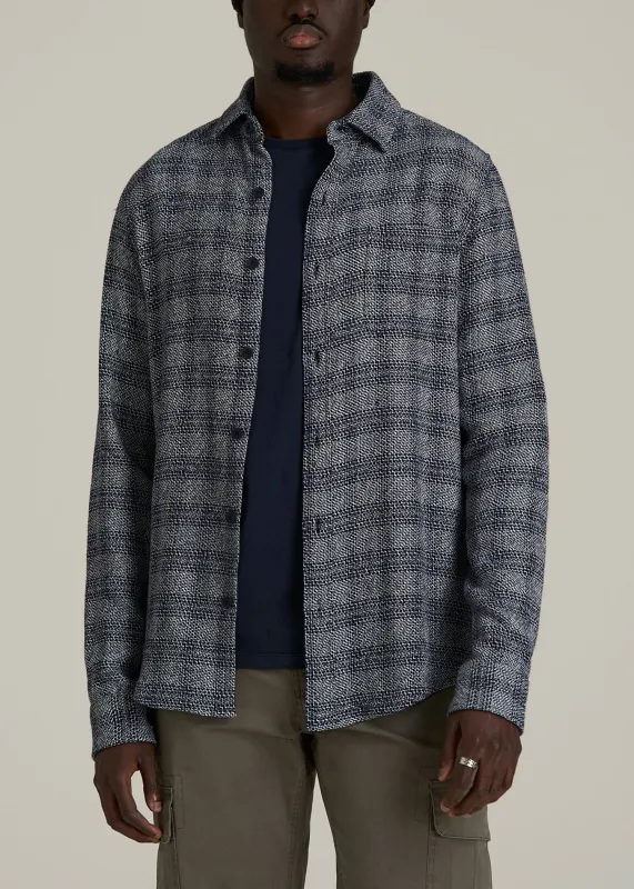Lightweight Woven Overshirt for Tall Men in Navy Textured Grid sold by American Tall
