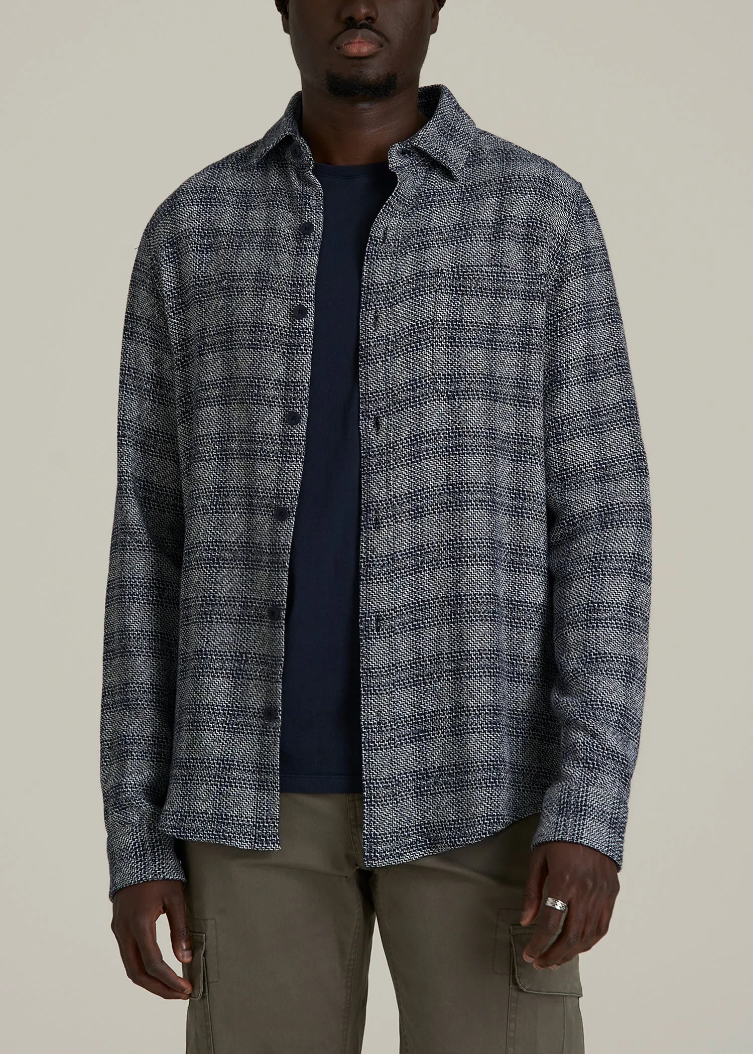 Lightweight Woven Overshirt for Tall Men in Navy Textured Grid sold by American Tall