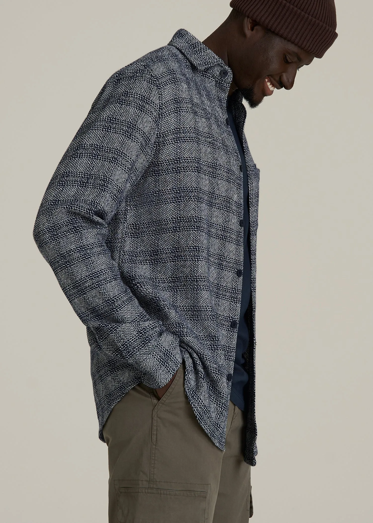Lightweight Woven Overshirt for Tall Men in Navy Textured Grid sold by American Tall product image thumbnail 3