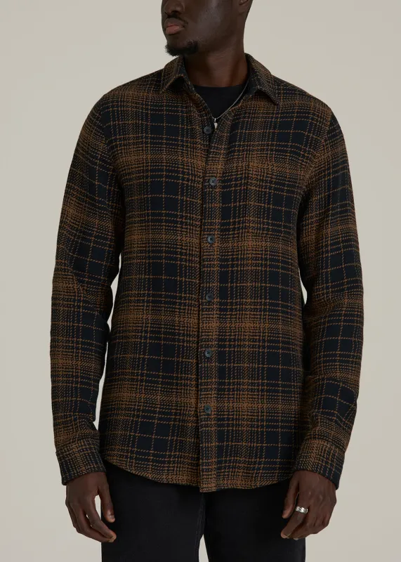 Lightweight Woven Overshirt for Tall Men in Black and Caramel Plaid sold by American Tall