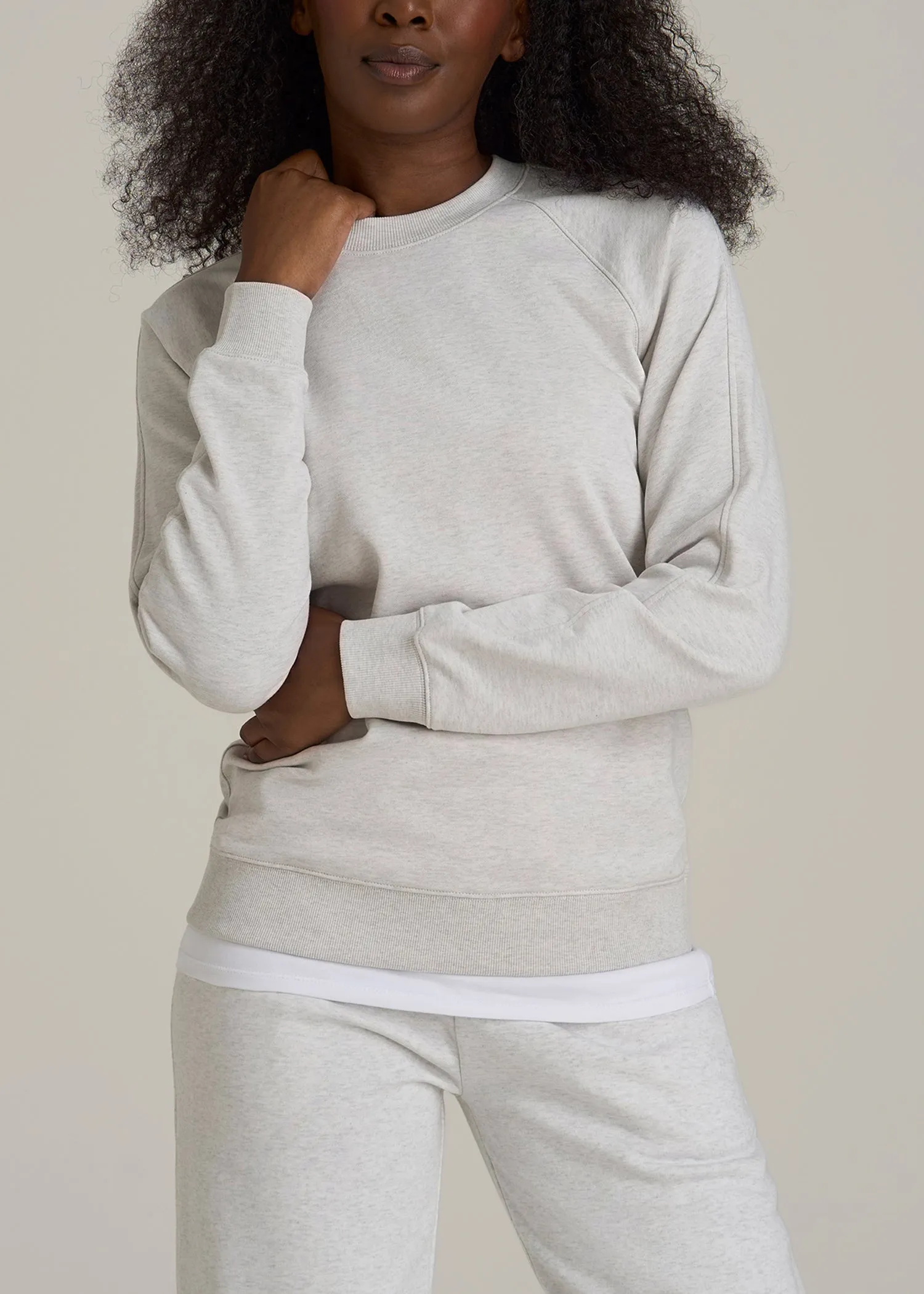 French Terry Crewneck Sweatshirt for Tall Women in Heather Cloud White sold by American Tall