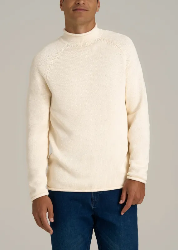 Fisherman Knit Rolled Mock Neck Sweater for Tall Men in Natural made by American Tall