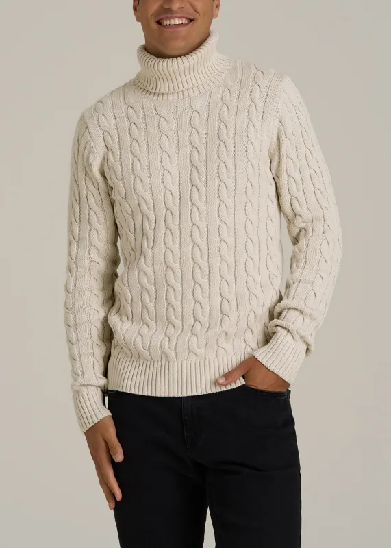 Cable Knit Turtleneck for Tall Men in Soft Beige sold by American Tall