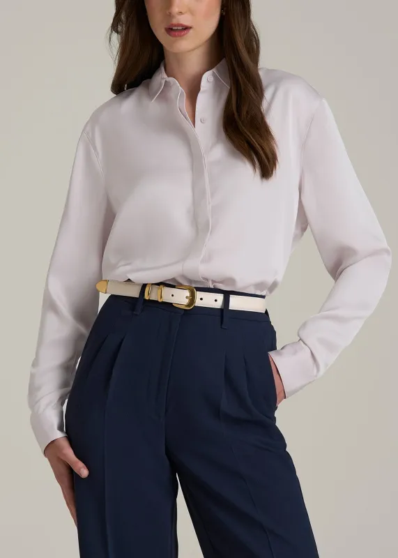 Relaxed Button-Up Blouse for Tall Women in Grey Lilac sold by American Tall