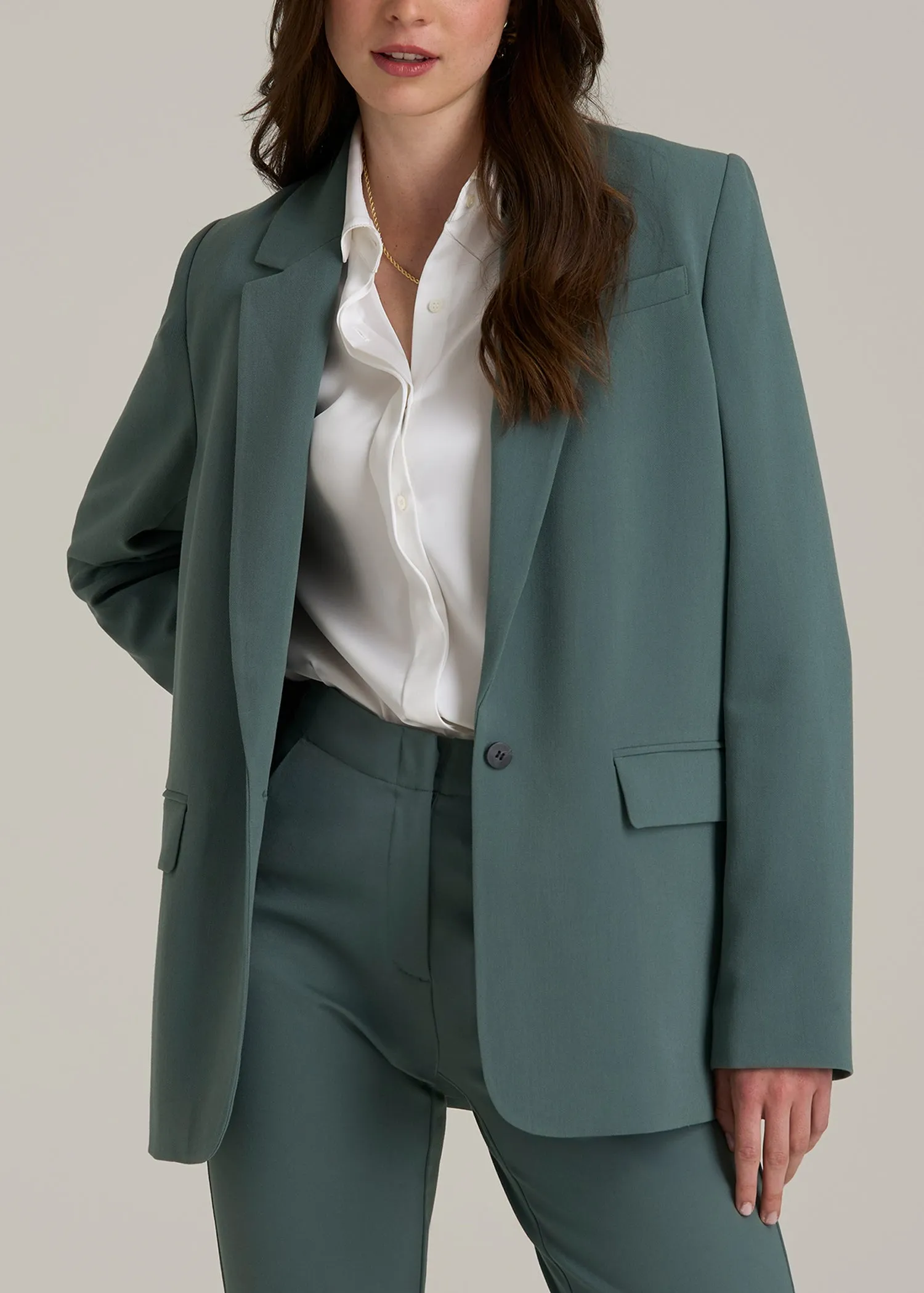 Boyfriend Fit Single-Button Blazer for Tall Women in Balsam Green sold by American Tall