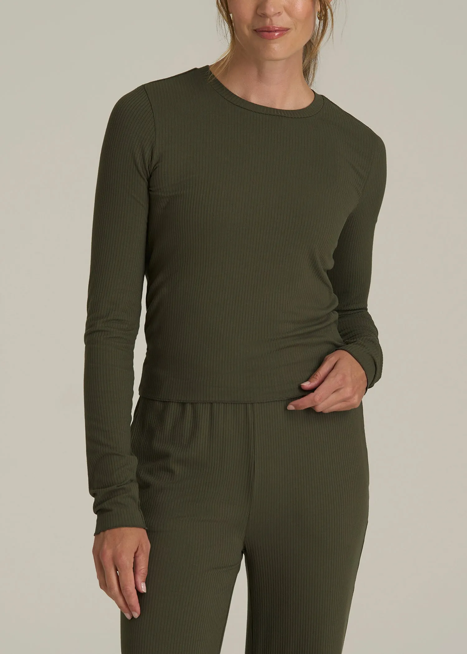 Lightweight Ribbed Cropped Lounge Shirt for Tall Women in Forest Night sold by American Tall