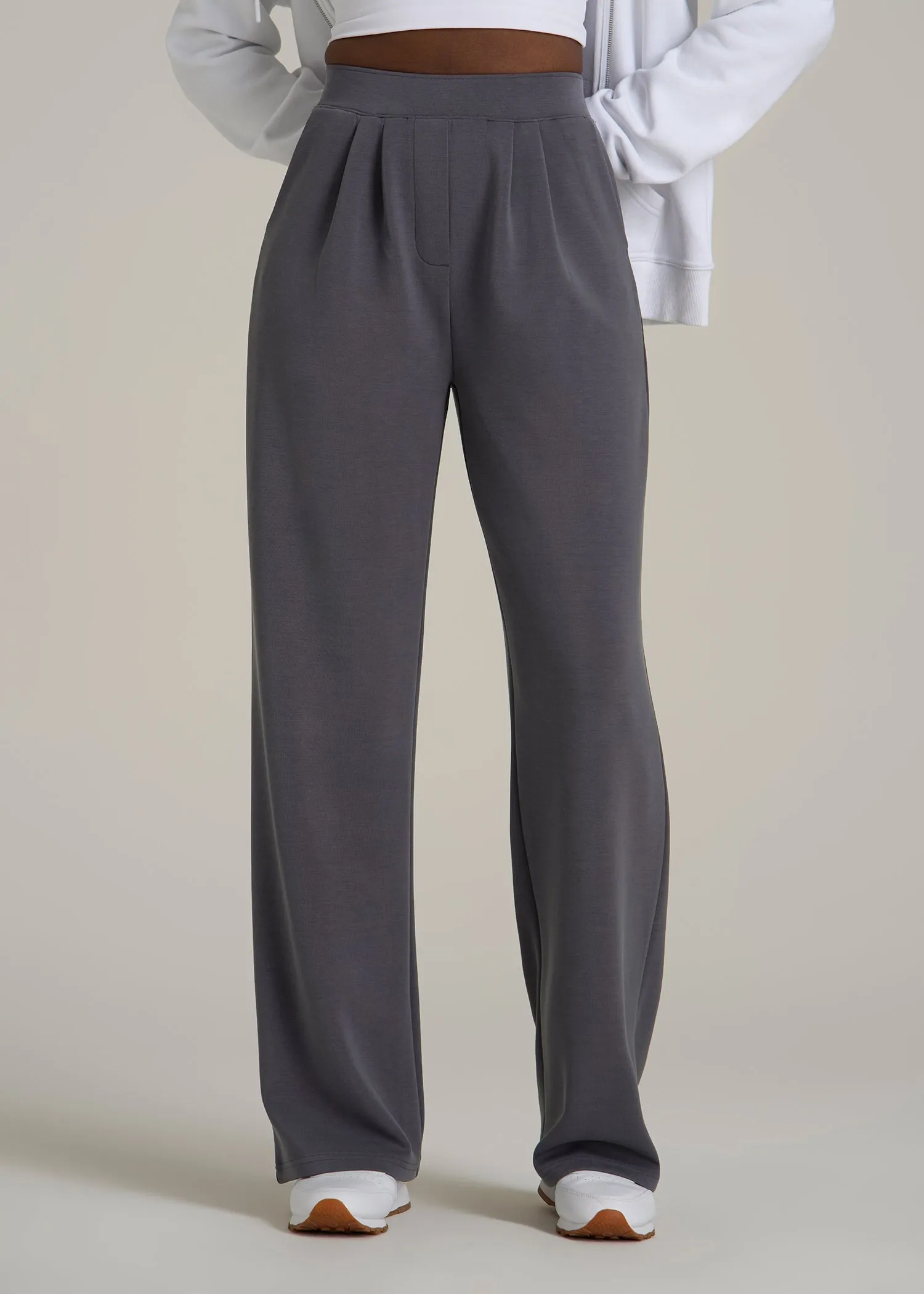 Soft Motion Pleated Wide Leg Pant for Tall Women in Charcoal Rinse sold by American Tall