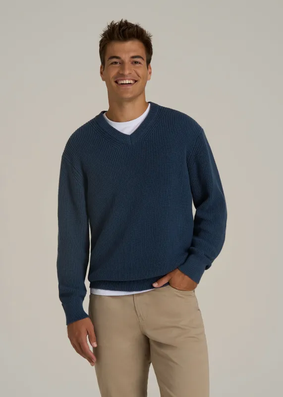 Ribbed Knit V-Neck Sweater for Tall Men in Navy Blue made by American Tall