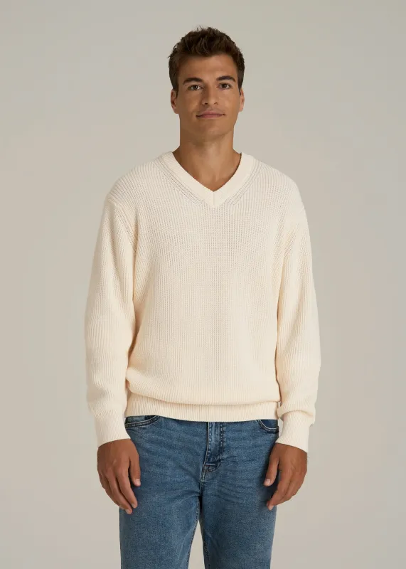 Ribbed Knit V-Neck Sweater for Tall Men in Natural made by American Tall