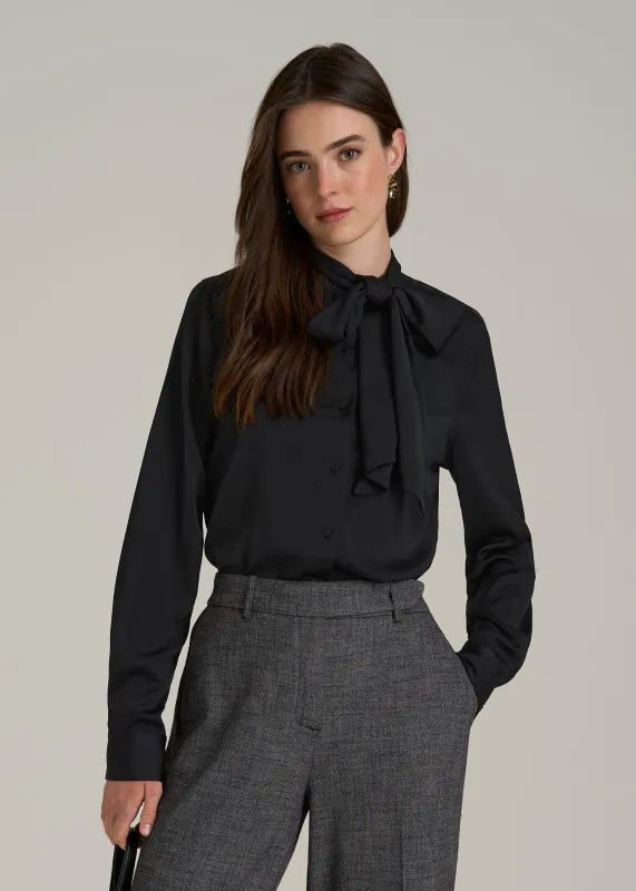 Satin Blouse With Bow for Tall Women in Black sold by American Tall