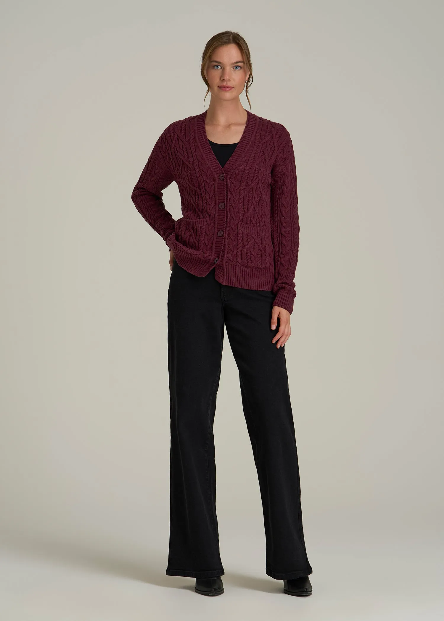 Relaxed Cotton Cable Knit Cardigan for Tall Women in Tawny Port sold by American Tall product image thumbnail 4