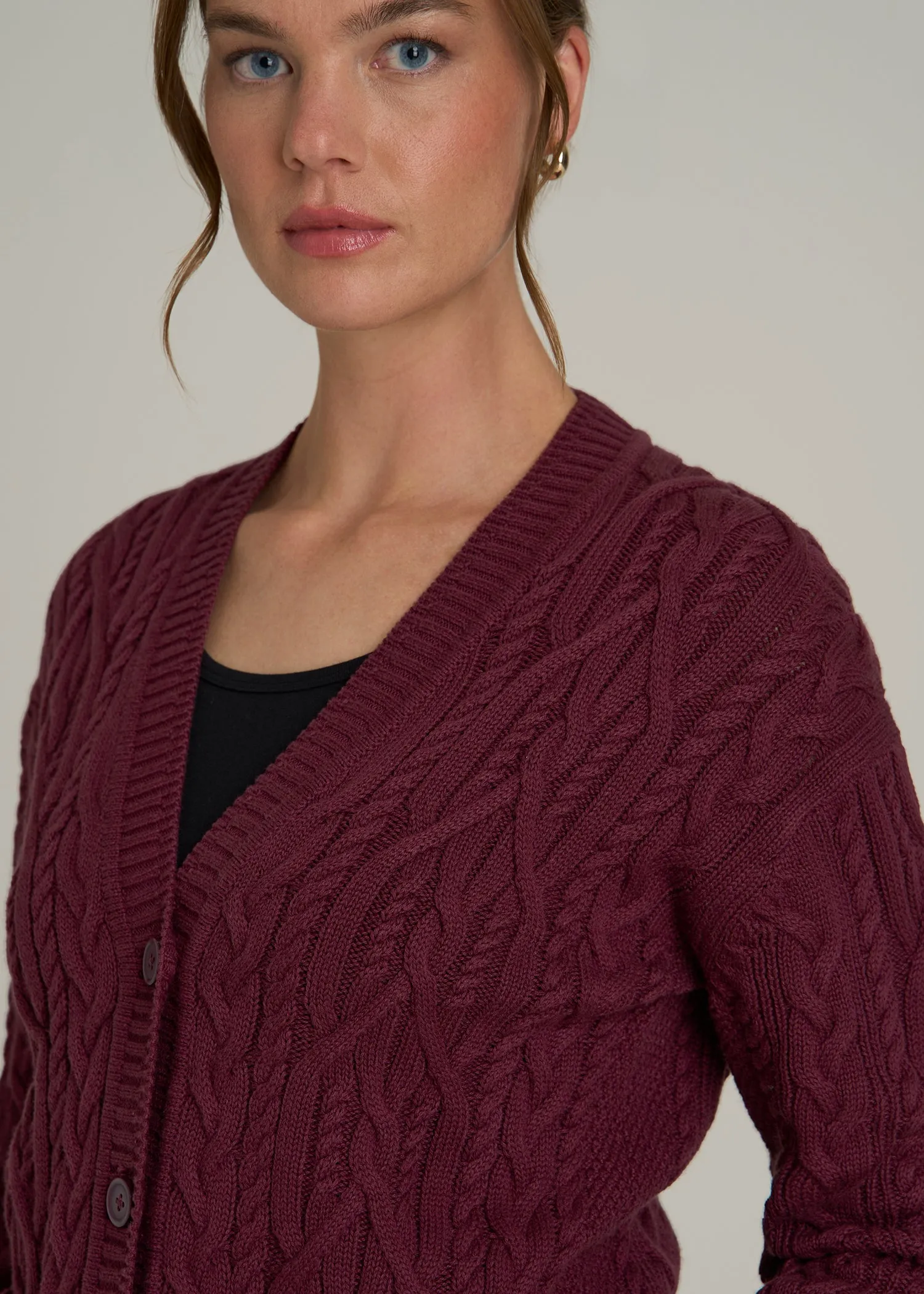 Relaxed Cotton Cable Knit Cardigan for Tall Women in Tawny Port sold by American Tall product image thumbnail 2
