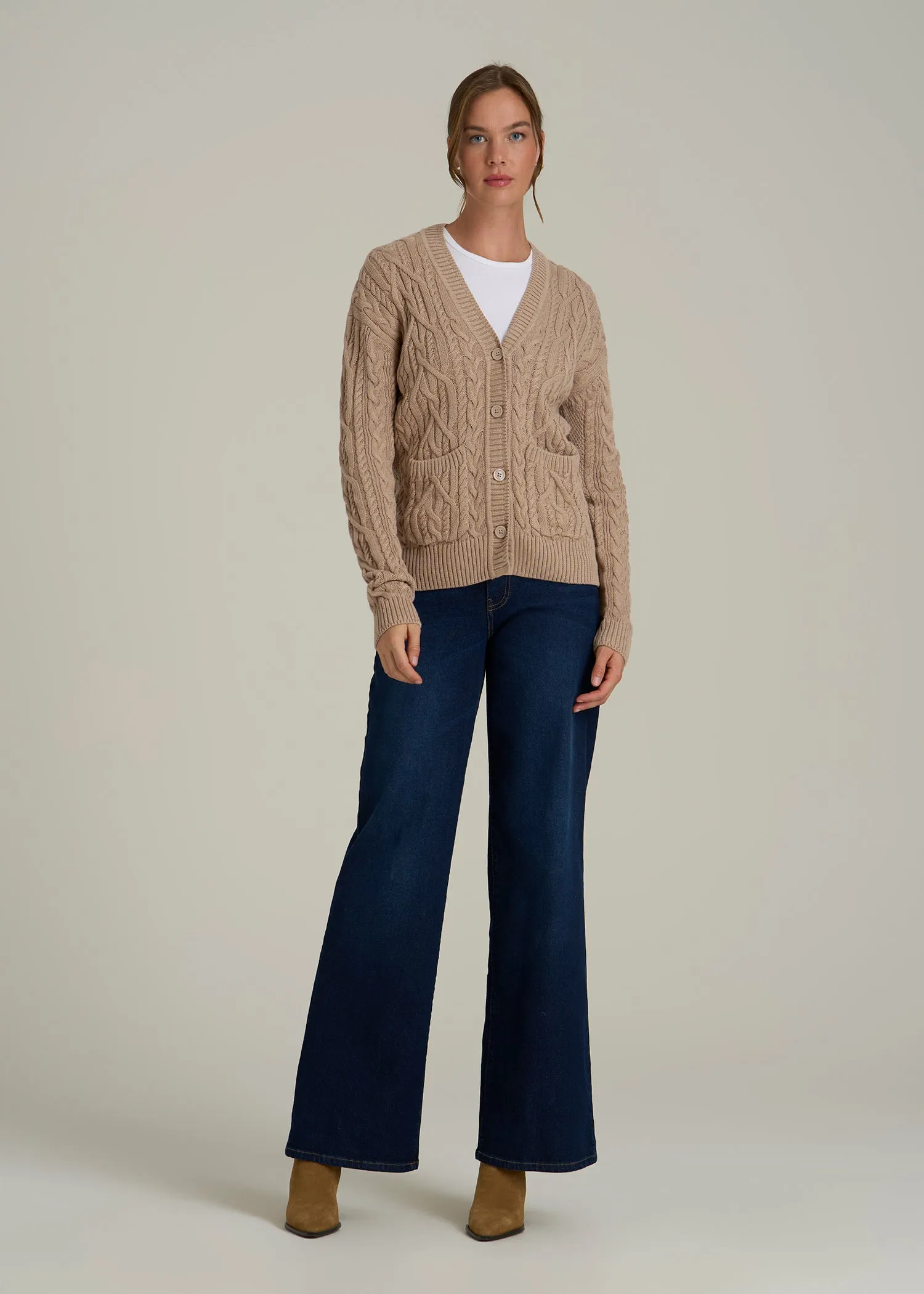 Relaxed Cotton Cable Knit Cardigan for Tall Women in Stucco sold by American Tall product image thumbnail 4