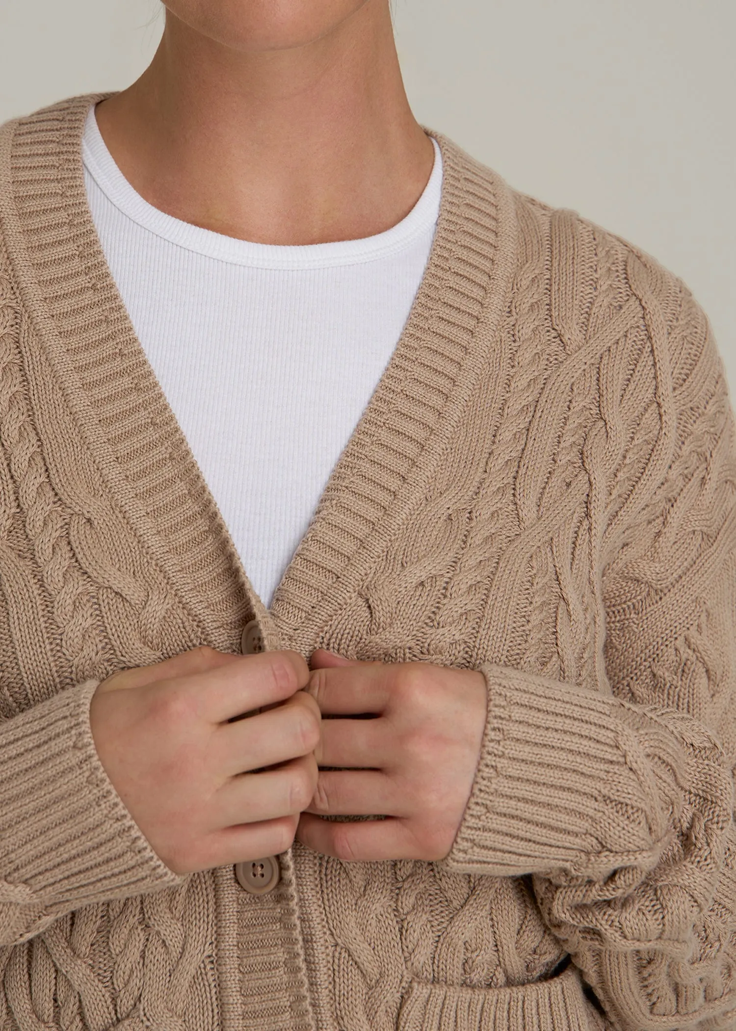 Relaxed Cotton Cable Knit Cardigan for Tall Women in Stucco sold by American Tall product image thumbnail 2