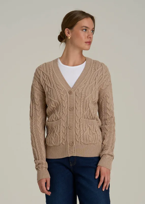 Relaxed Cotton Cable Knit Cardigan for Tall Women in Stucco sold by American Tall