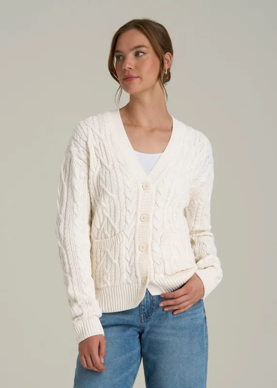 Relaxed Cotton Cable Knit Cardigan for Tall Women in Ecru sold by American Tall