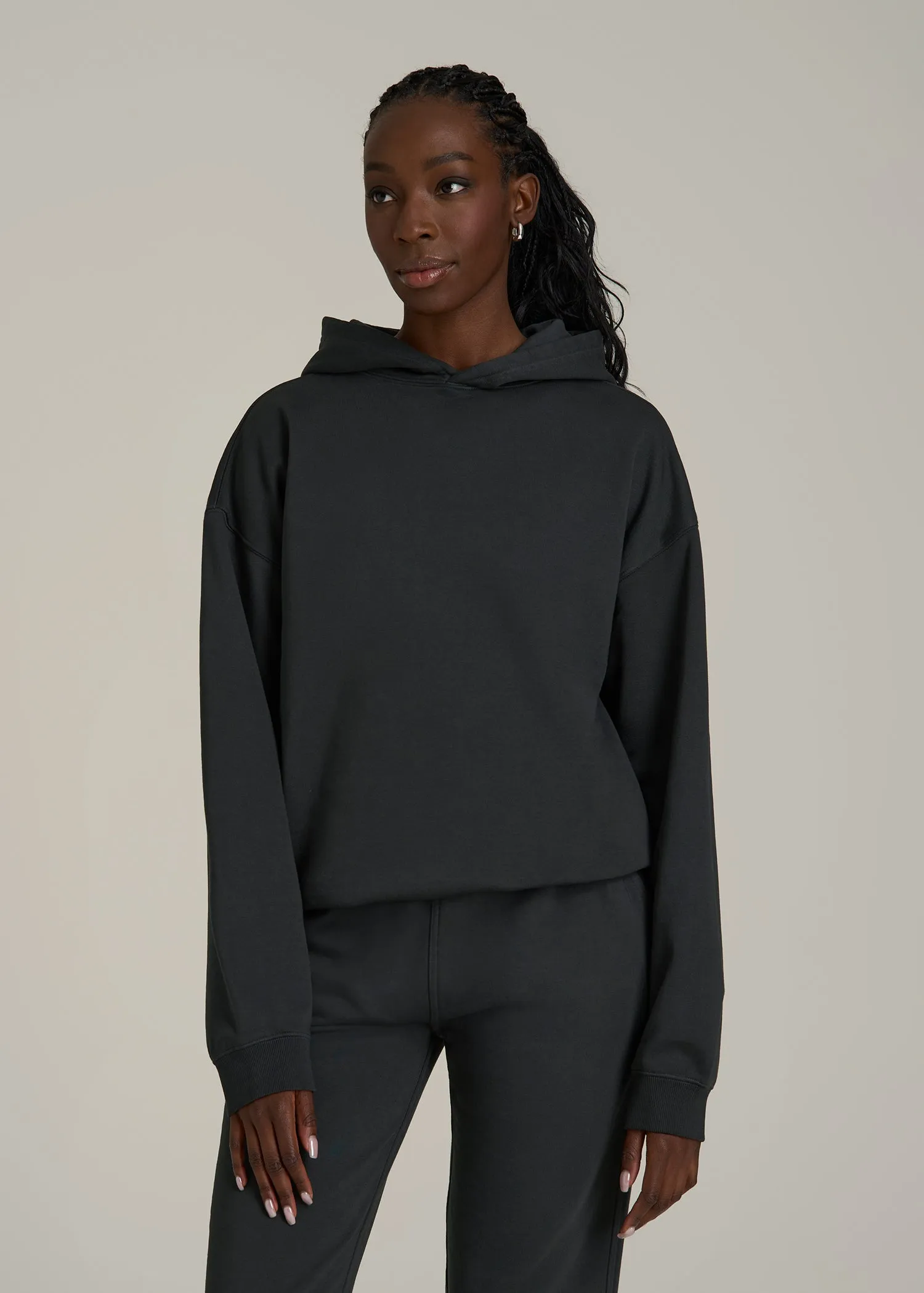 Garment Dyed Hoodie for Tall Women in Washed Black sold by American Tall