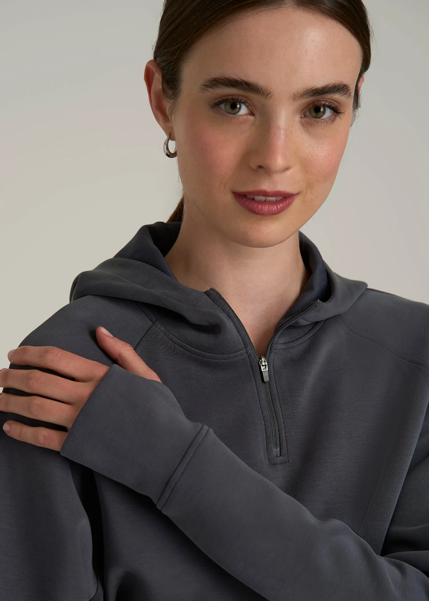 Soft Motion Cropped Zip Up Hoodie for Tall Women in Charcoal Rinse sold by American Tall product image thumbnail 2