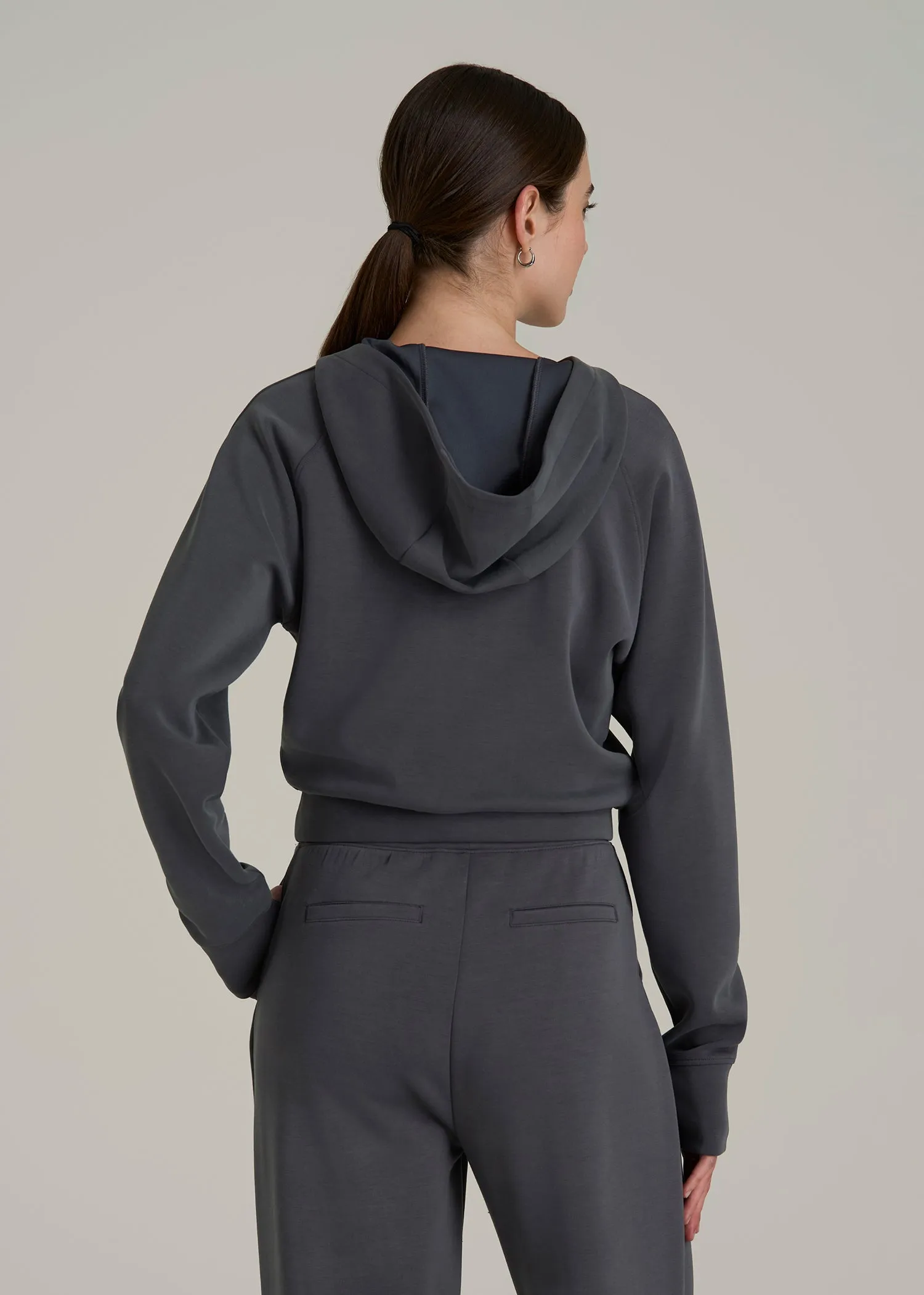 Soft Motion Cropped Zip Up Hoodie for Tall Women in Charcoal Rinse sold by American Tall product image thumbnail 5