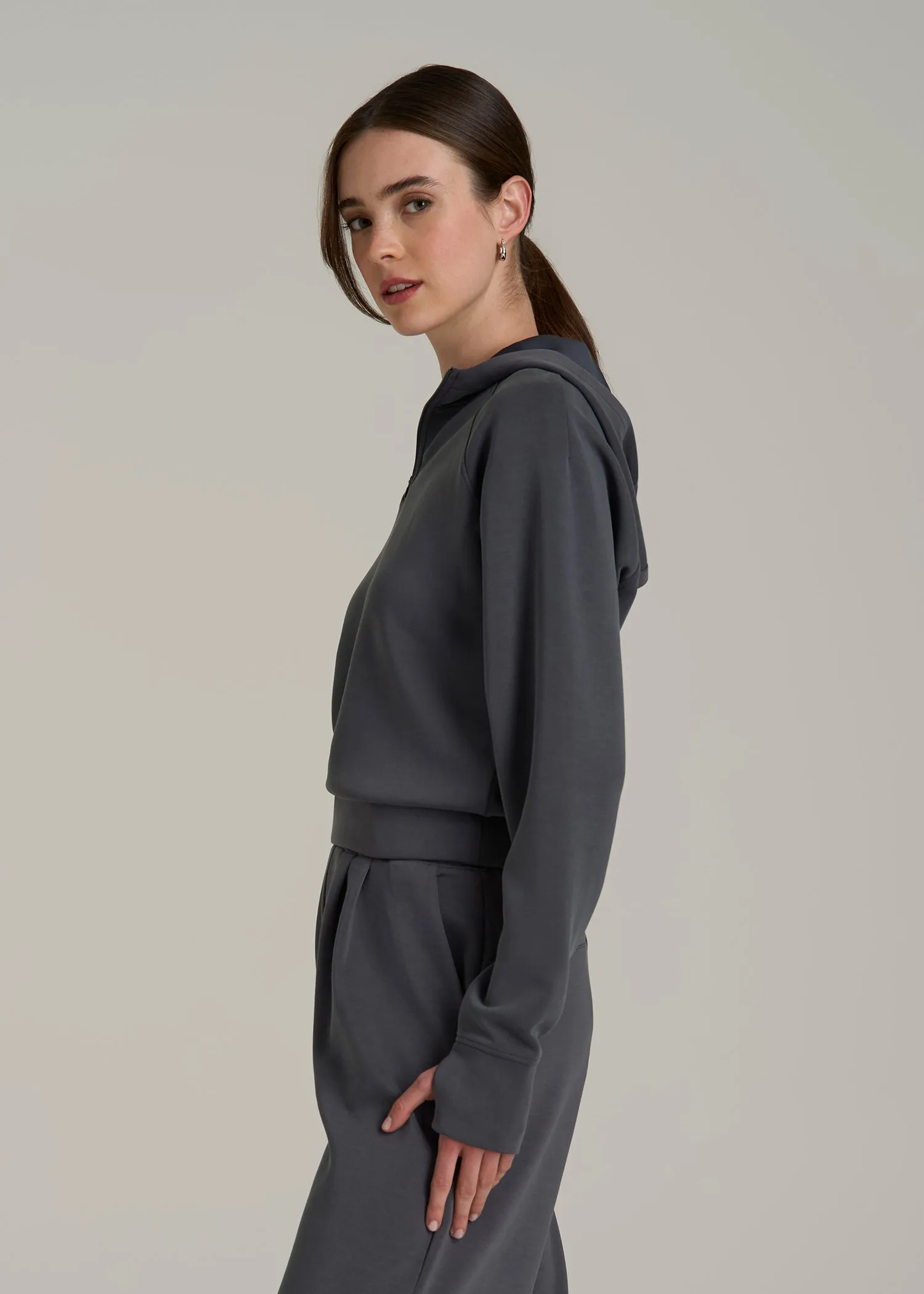 Soft Motion Cropped Zip Up Hoodie for Tall Women in Charcoal Rinse sold by American Tall product image thumbnail 3