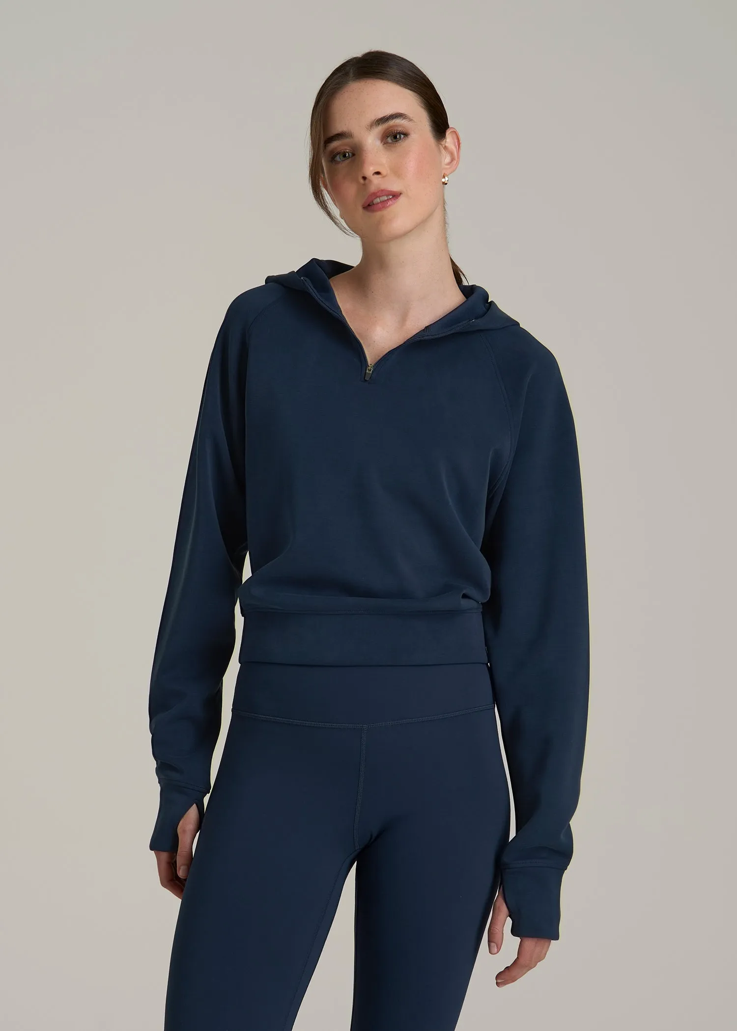 Soft Motion Cropped Zip Up Hoodie for Tall Women in Evening Blue sold by American Tall