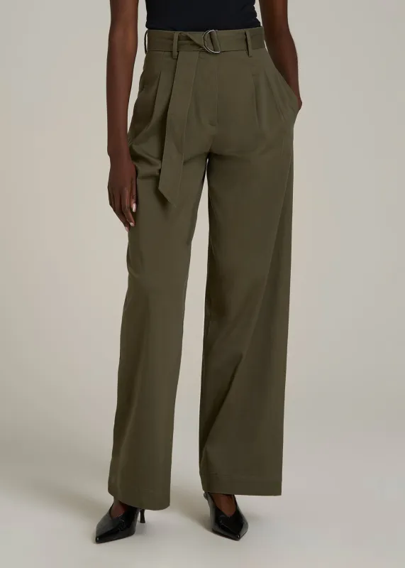 Pleated Wide Leg Chino With Belt for Tall Women in Forest Night sold by American Tall