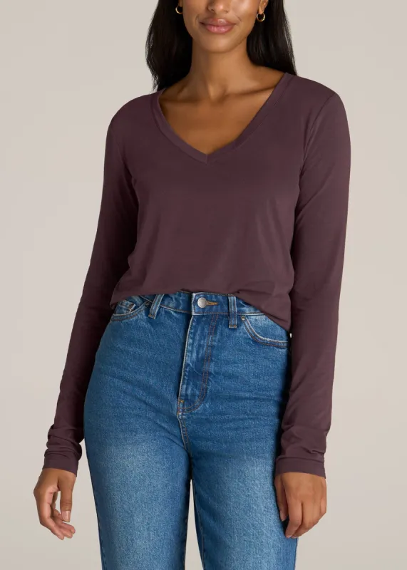 Long Sleeve Scoop V-Neck Tee Shirt for Tall Women in Merlot sold by American Tall