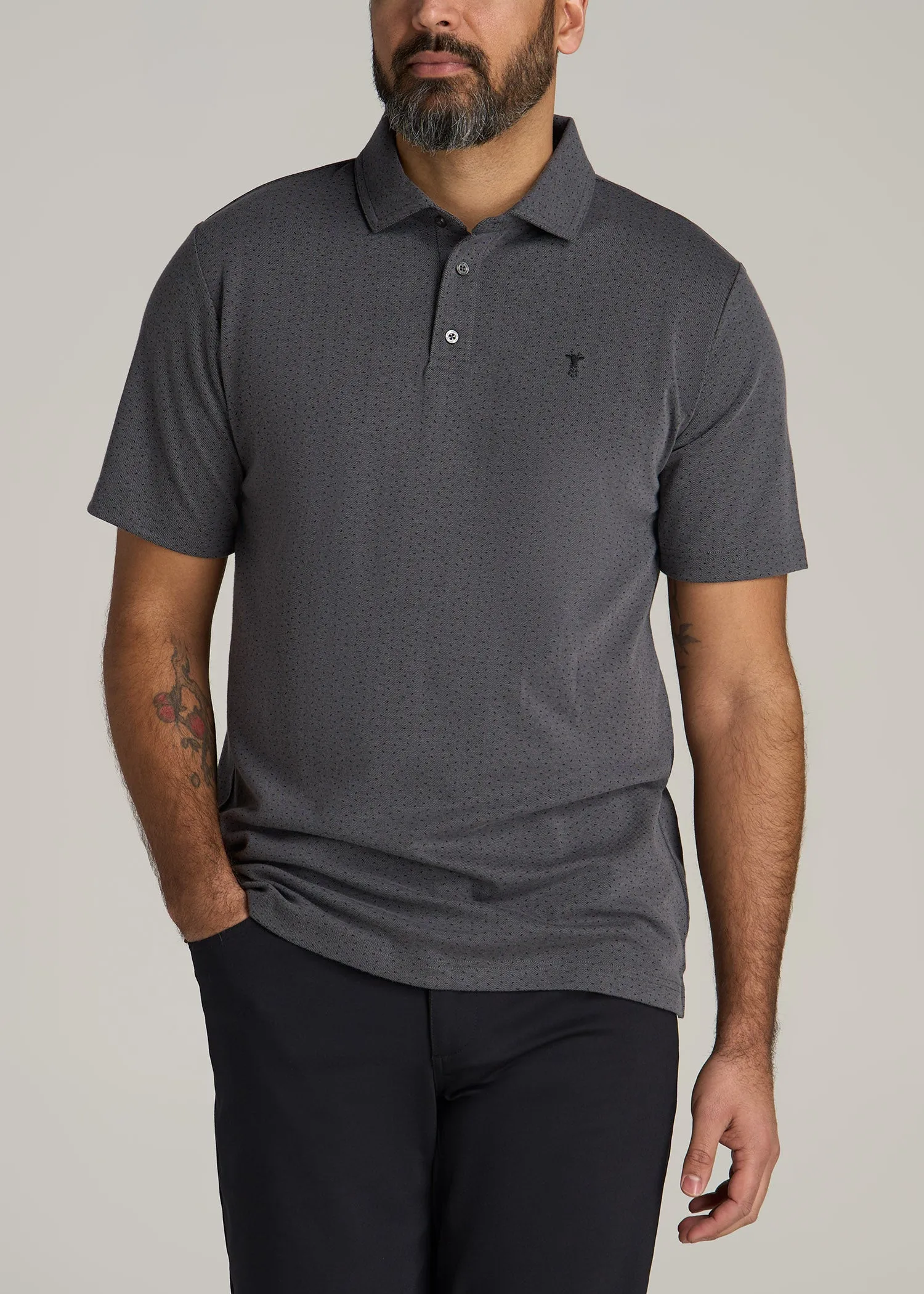 Cotton Stretch Print Polo Shirt for Tall Men in Charcoal Pindot sold by American Tall