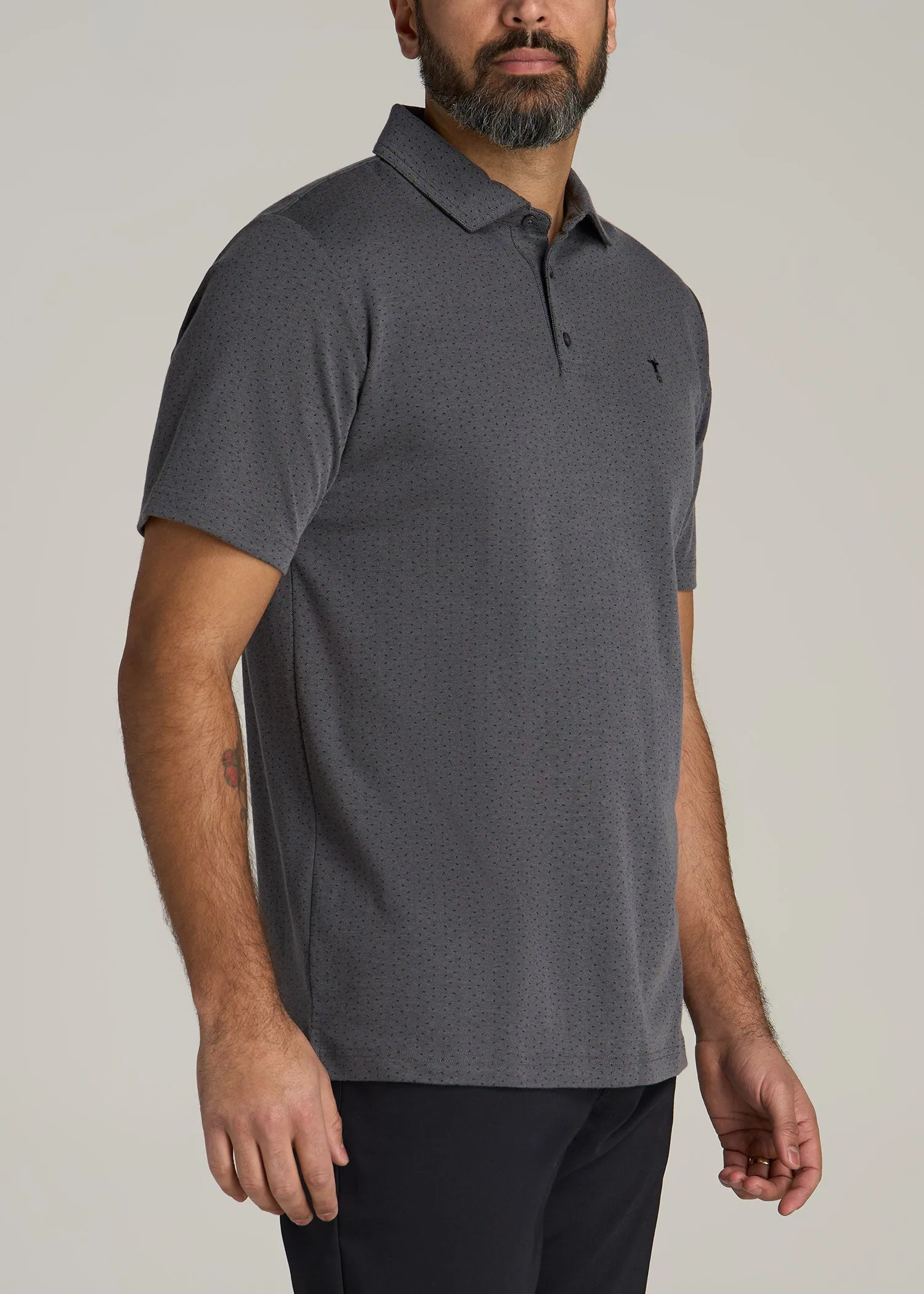 Cotton Stretch Print Polo Shirt for Tall Men in Charcoal Pindot sold by American Tall product image thumbnail 3