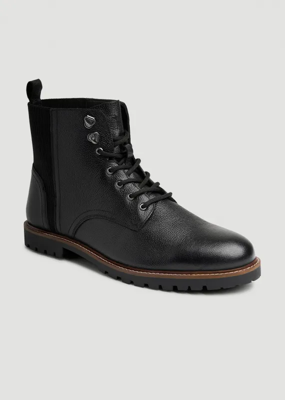 Pebbled Leather Lace-Up Boots for Tall Men in Black sold by American Tall